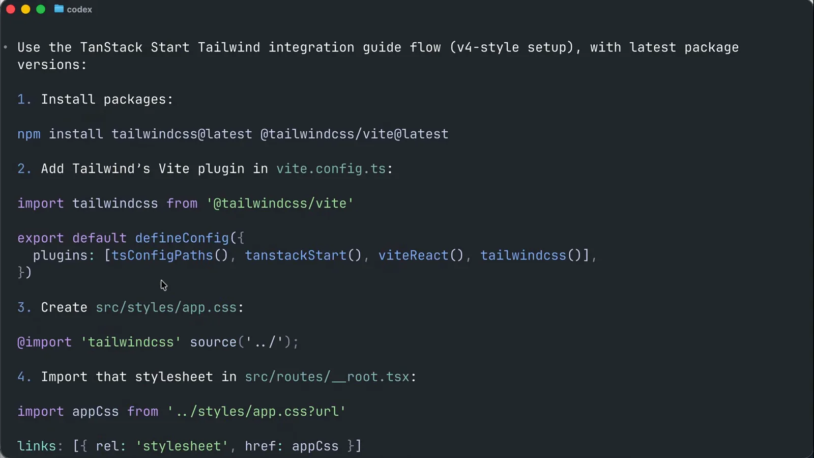 Codex answer citing Sources (Context7) links after pulling the current Tailwind CSS v4 setup docs through the MCP server