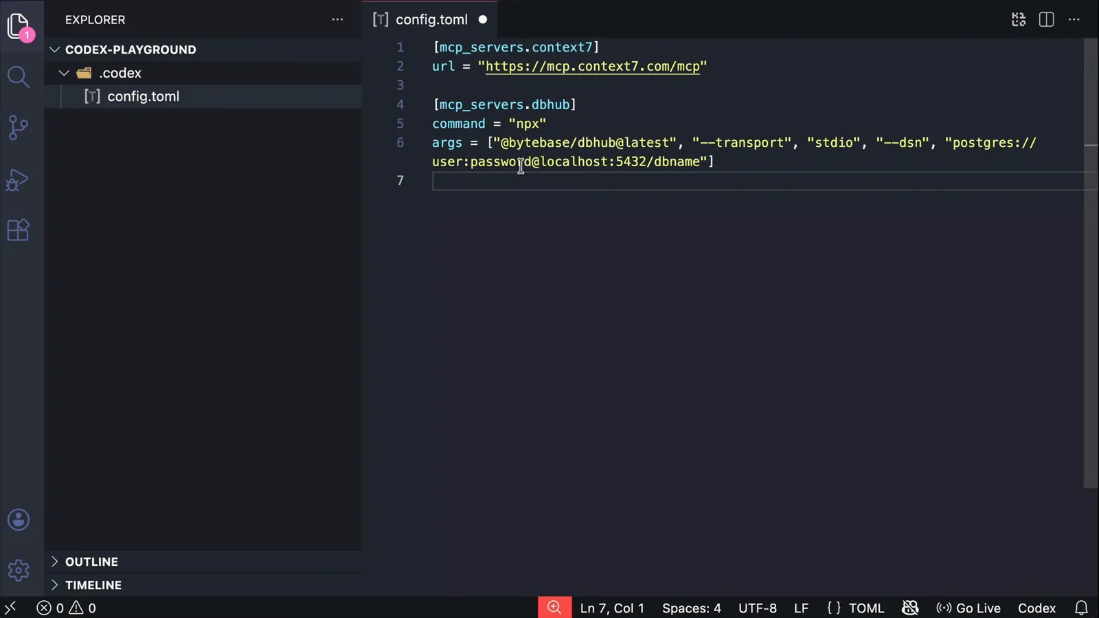 VS Code editor showing a project .codex/config.toml with an mcp_servers.dbhub entry running @bytebase/dbhub over stdio against a postgres DSN