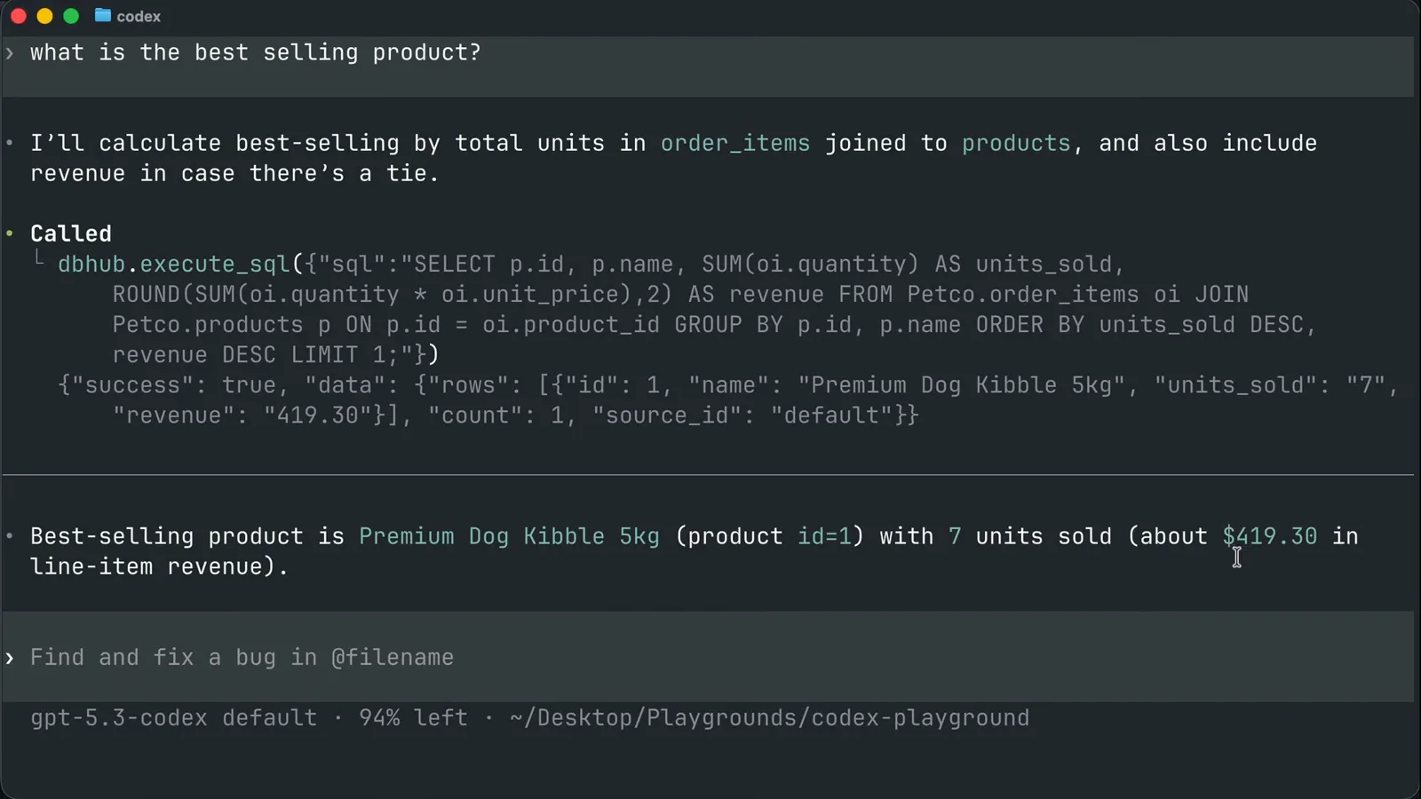 Codex terminal calling the dbhub execute_sql MCP tool to rank best-selling products in a Petco sample database and reporting Premium Dog Kibble with 7 units sold