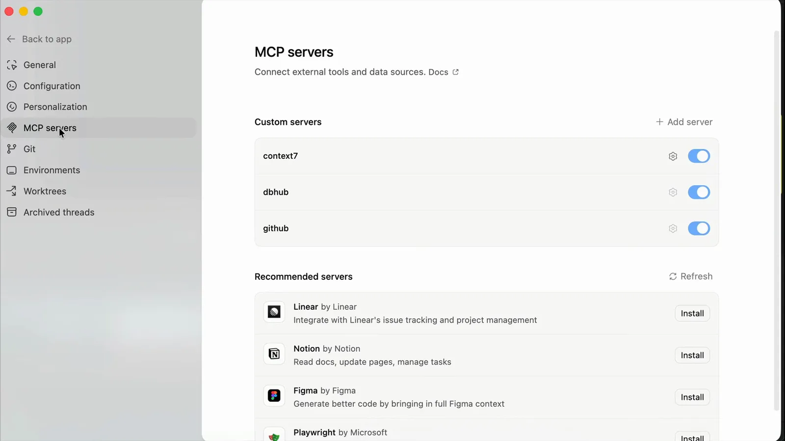 Codex desktop app MCP servers settings page with context7, dbhub and github custom server toggles above recommended servers from Linear, Notion and Figma