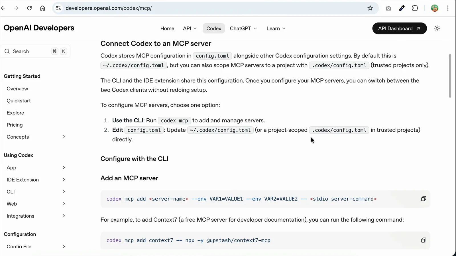 OpenAI Codex MCP documentation page with the codex mcp add command syntax and the Context7 example highlighted under Add an MCP server