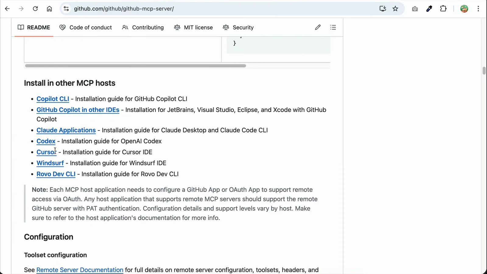 GitHub github-mcp-server README installation guide with the Codex CLI entry and a note that remote MCP servers support OAuth or PAT authentication