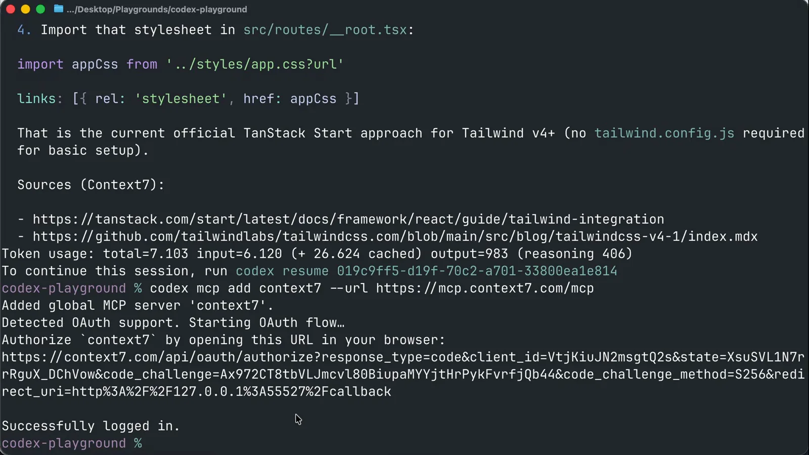Terminal running codex mcp add context7 --url https://mcp.context7.com/mcp with Detected OAuth support, the authorize URL, and Successfully logged in output