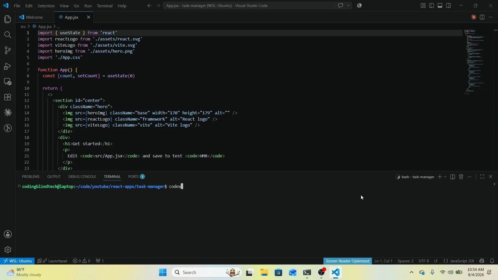 VS Code terminal prompt with the codex launch command typed in the task-manager project directory, the step that starts an interactive Codex CLI session