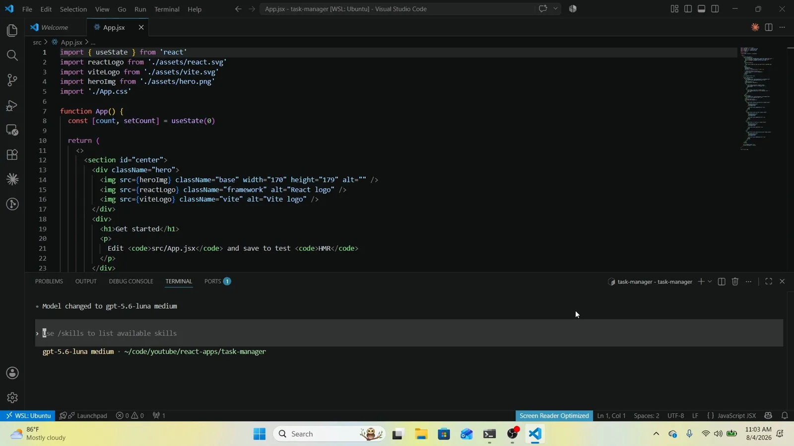 Codex CLI confirming Model changed to gpt-5.6-luna medium with the updated status line underneath, proof the model picker switch took effect