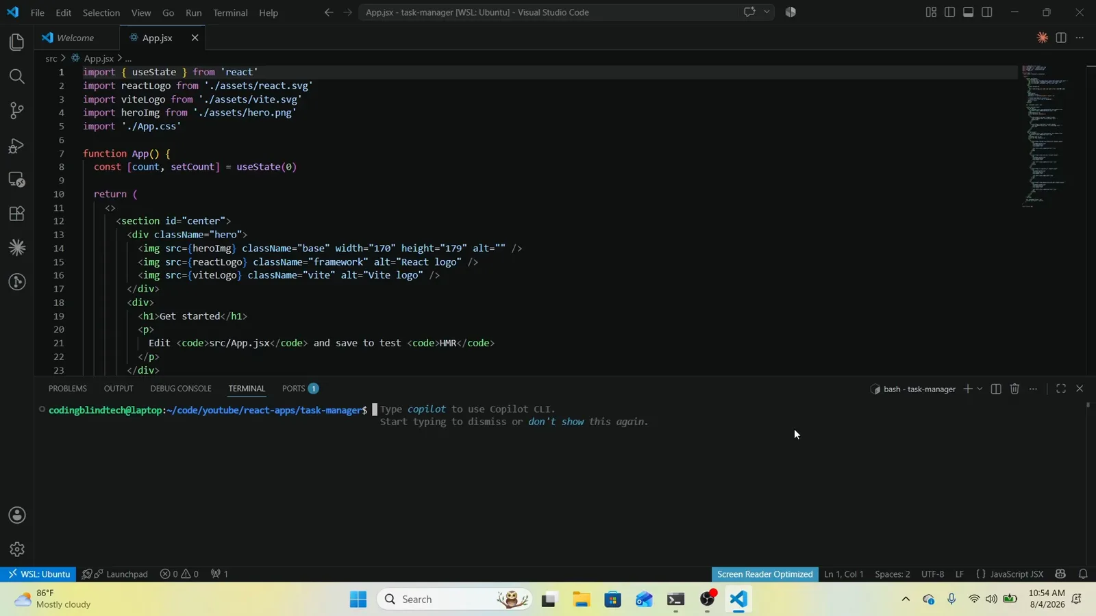 VS Code with the integrated terminal panel opened over the status bar on a React task-manager project, ready to run the Codex CLI from the project folder