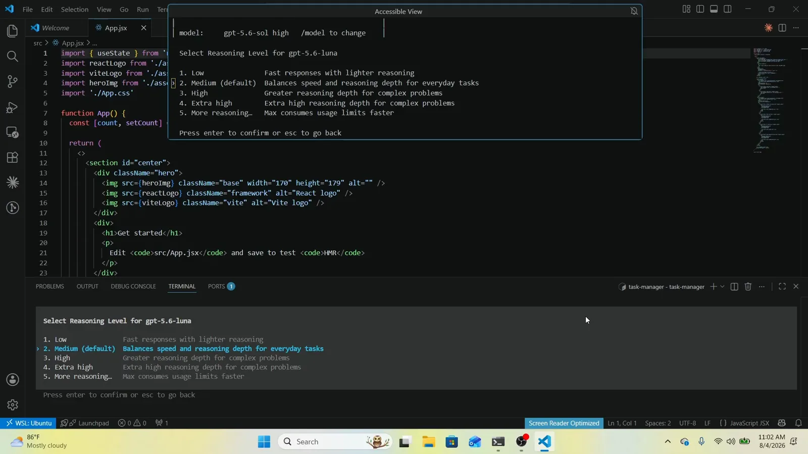 VS Code Accessible View overlay listing the full Codex reasoning effort menu for gpt-5.6-luna from Low through Extra high and More reasoning while the status line still shows the previous model