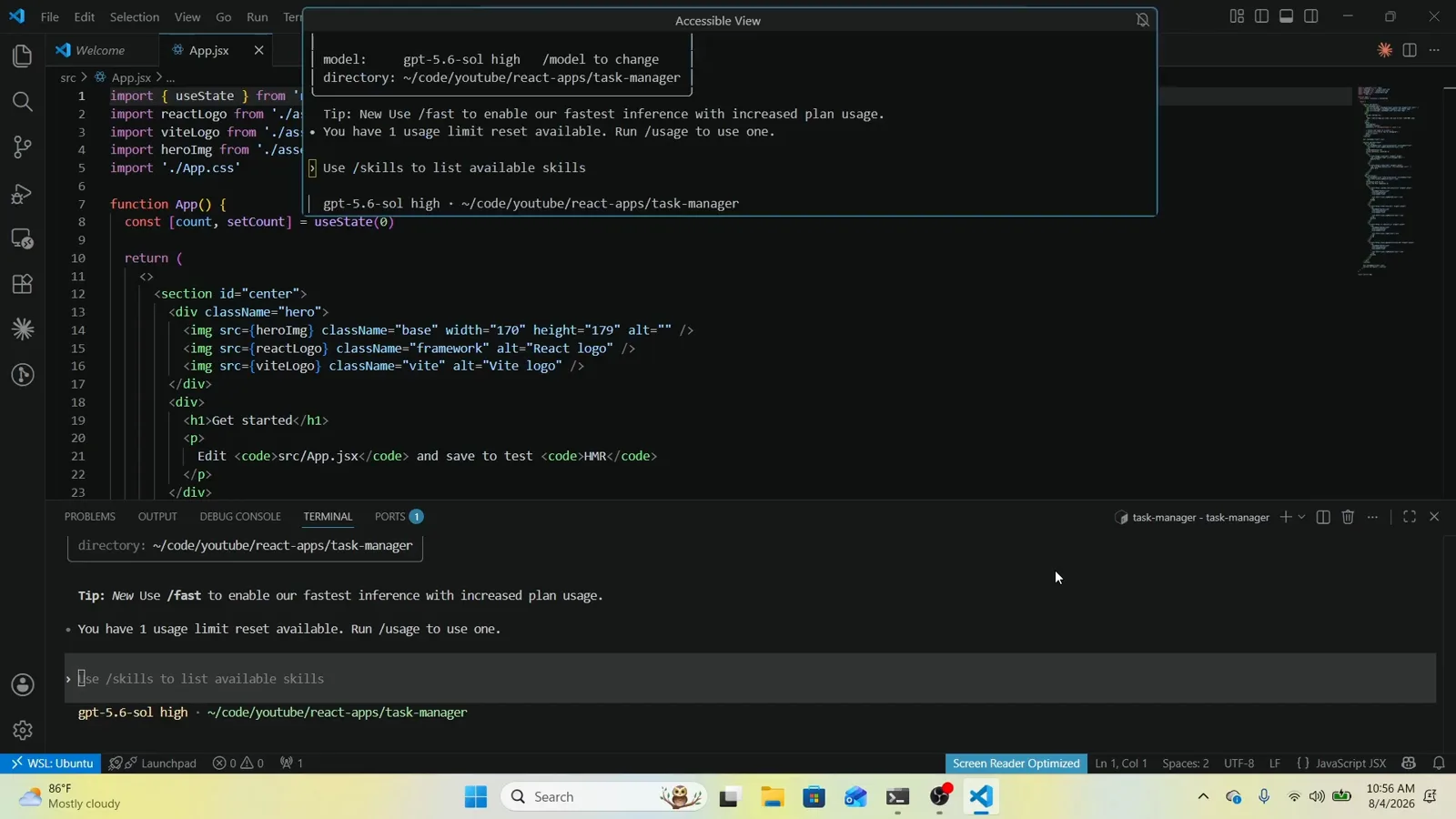 Codex CLI home screen with the status line reading gpt-5.6-sol high beside the project path, a /model to change hint, a /fast tip and a /usage notice