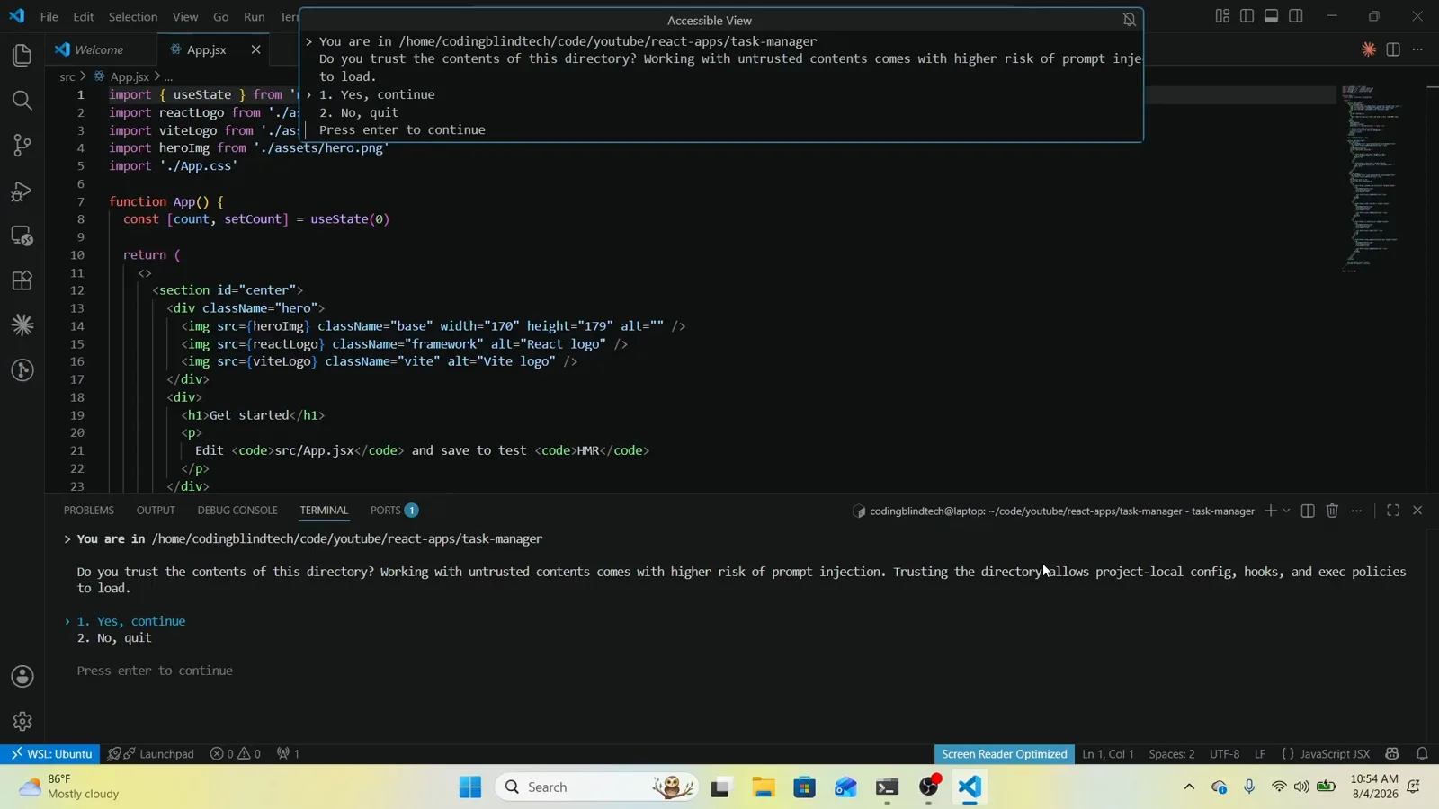 Codex CLI first-run prompt asking Do you trust the contents of this directory with 1. Yes continue highlighted above 2. No quit, shown in the terminal and the Accessible View overlay