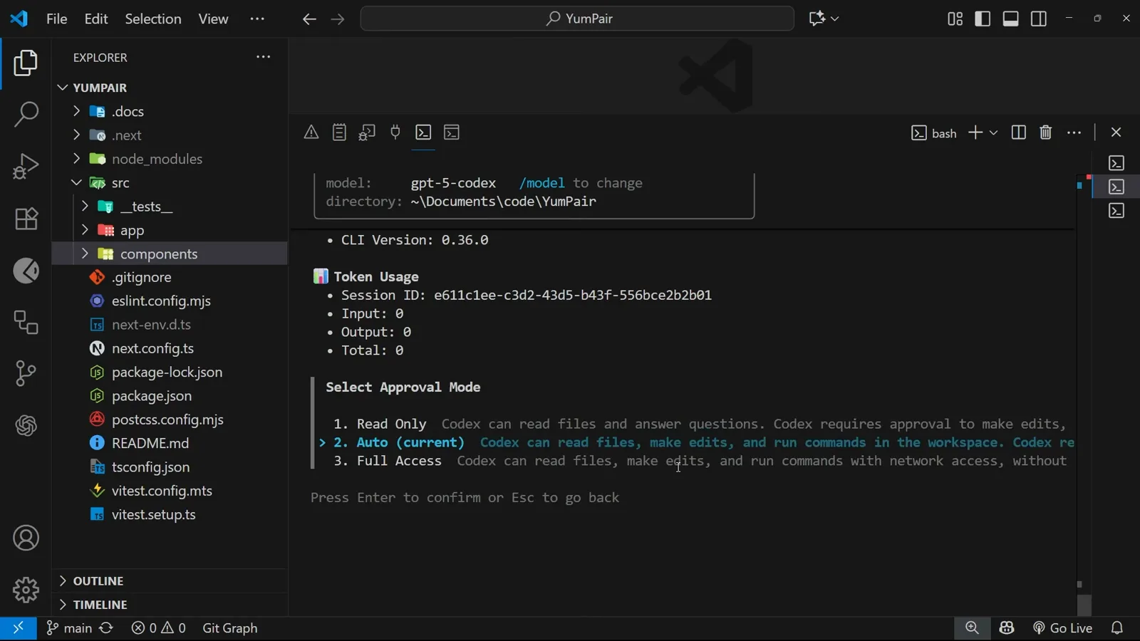 Codex CLI Select Approval Mode picker showing Read Only, Auto current and Full Access options with Press Enter to confirm or Esc to go back at the bottom Codex CLI Select Approval Mode picker showing Read Only, Auto current and Full Access options with Press Enter to confirm or Esc to go back at the bottom