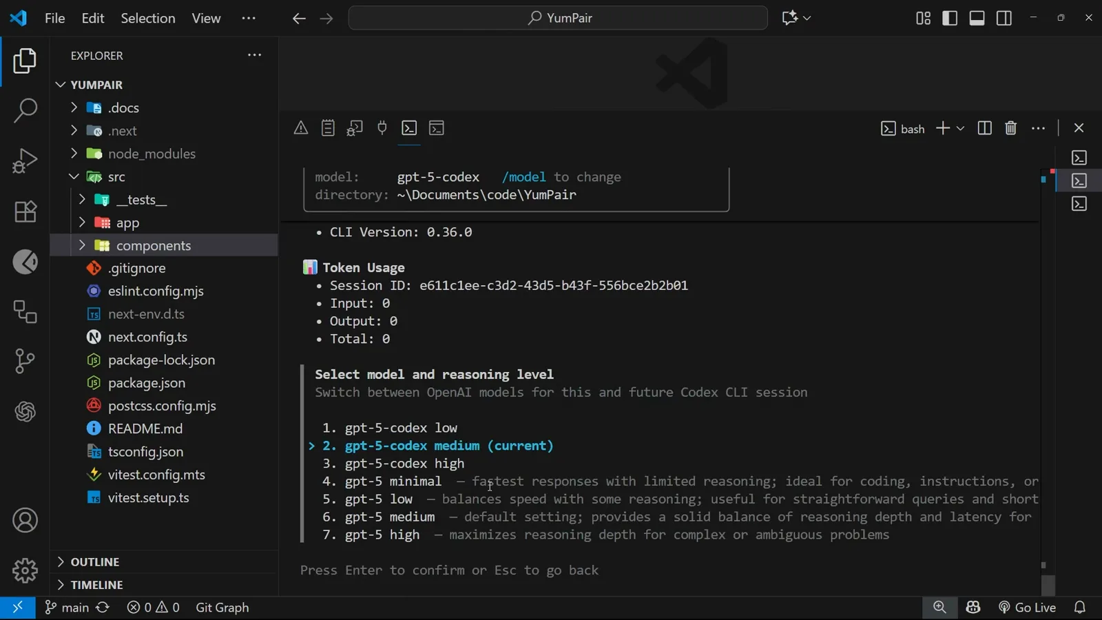 Codex CLI Select model and reasoning level picker with gpt-5-codex medium marked current and gpt-5 minimal through high alternatives below Codex CLI Select model and reasoning level picker with gpt-5-codex medium marked current and gpt-5 minimal through high alternatives below