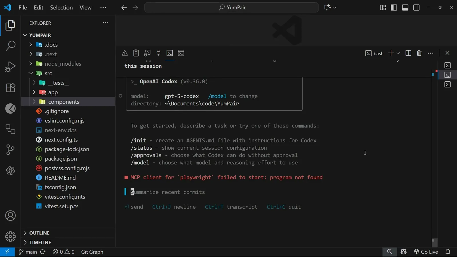 OpenAI Codex v0.36.0 welcome banner in the VS Code terminal showing the gpt-5-codex model line, the YumPair project directory and the suggested /init /status /approvals /model commands OpenAI Codex v0.36.0 welcome banner in the VS Code terminal showing the gpt-5-codex model line, the YumPair project directory and the suggested /init /status /approvals /model commands