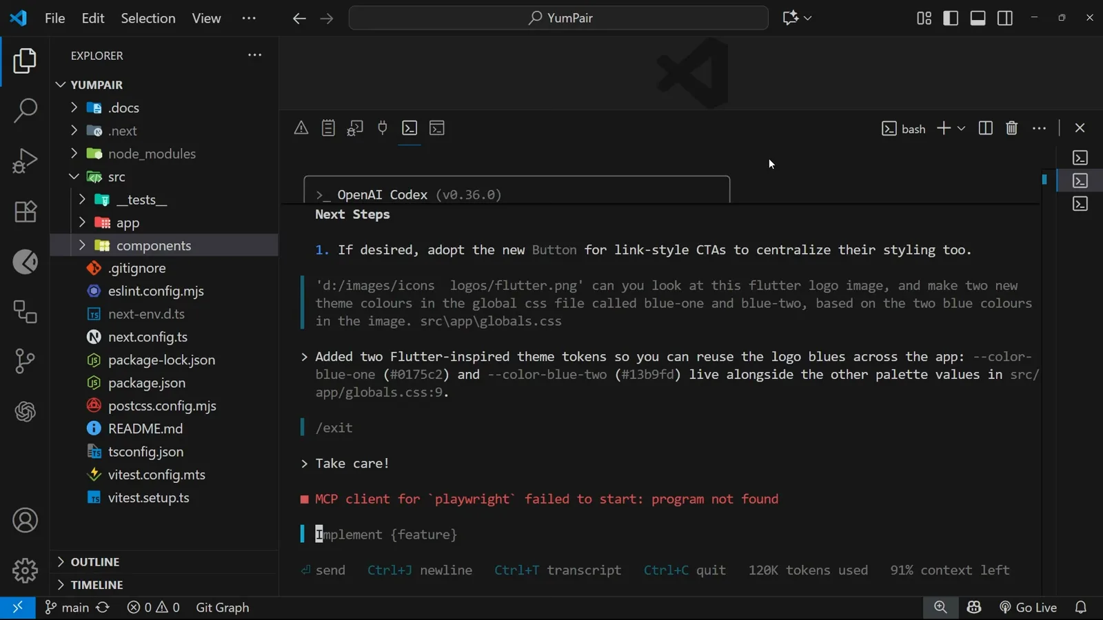 Resumed Codex CLI session showing the restored Next Steps list, the earlier Flutter theme token work, /exit and Take care! history with 120K tokens used and 91% context left Resumed Codex CLI session showing the restored Next Steps list, the earlier Flutter theme token work, /exit and Take care! history with 120K tokens used and 91% context left