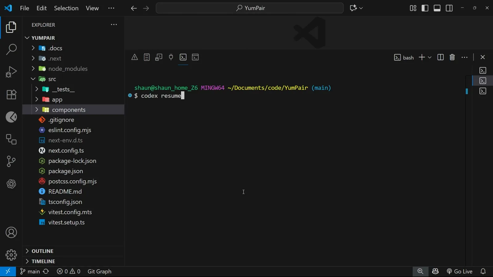 codex resume command fully typed at a Git Bash prompt in the project directory just before pressing Enter to open the session picker codex resume command fully typed at a Git Bash prompt in the project directory just before pressing Enter to open the session picker