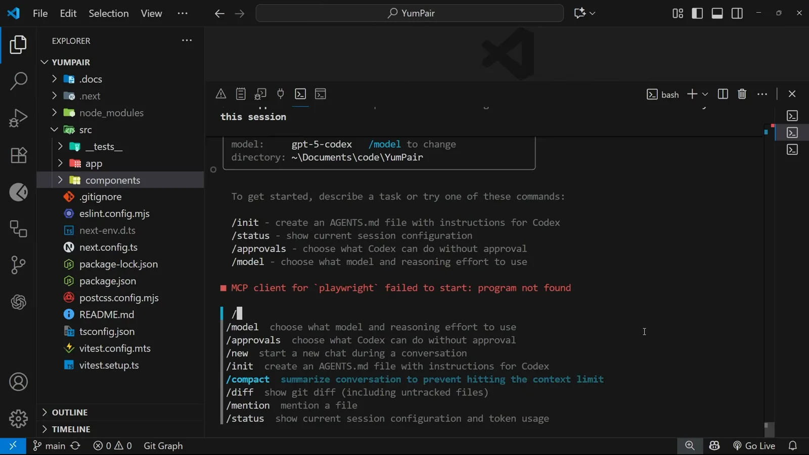 Codex CLI slash command menu opened by typing a forward slash with /new, /compact, /diff, /mention and /status descriptions listed in a fresh session Codex CLI slash command menu opened by typing a forward slash with /new, /compact, /diff, /mention and /status descriptions listed in a fresh session