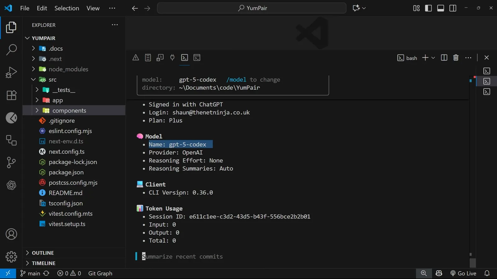 Codex CLI /status output listing the signed-in ChatGPT account, gpt-5-codex model, CLI version 0.36.0 and the Token Usage block with the current Session ID Codex CLI /status output listing the signed-in ChatGPT account, gpt-5-codex model, CLI version 0.36.0 and the Token Usage block with the current Session ID