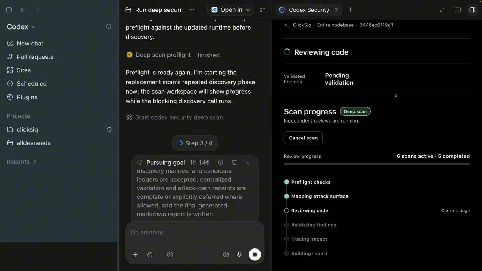 Codex Security deep scan progress at Step 3 of 4 with Preflight checks and Mapping attack surface complete and Reviewing code marked as the current stage