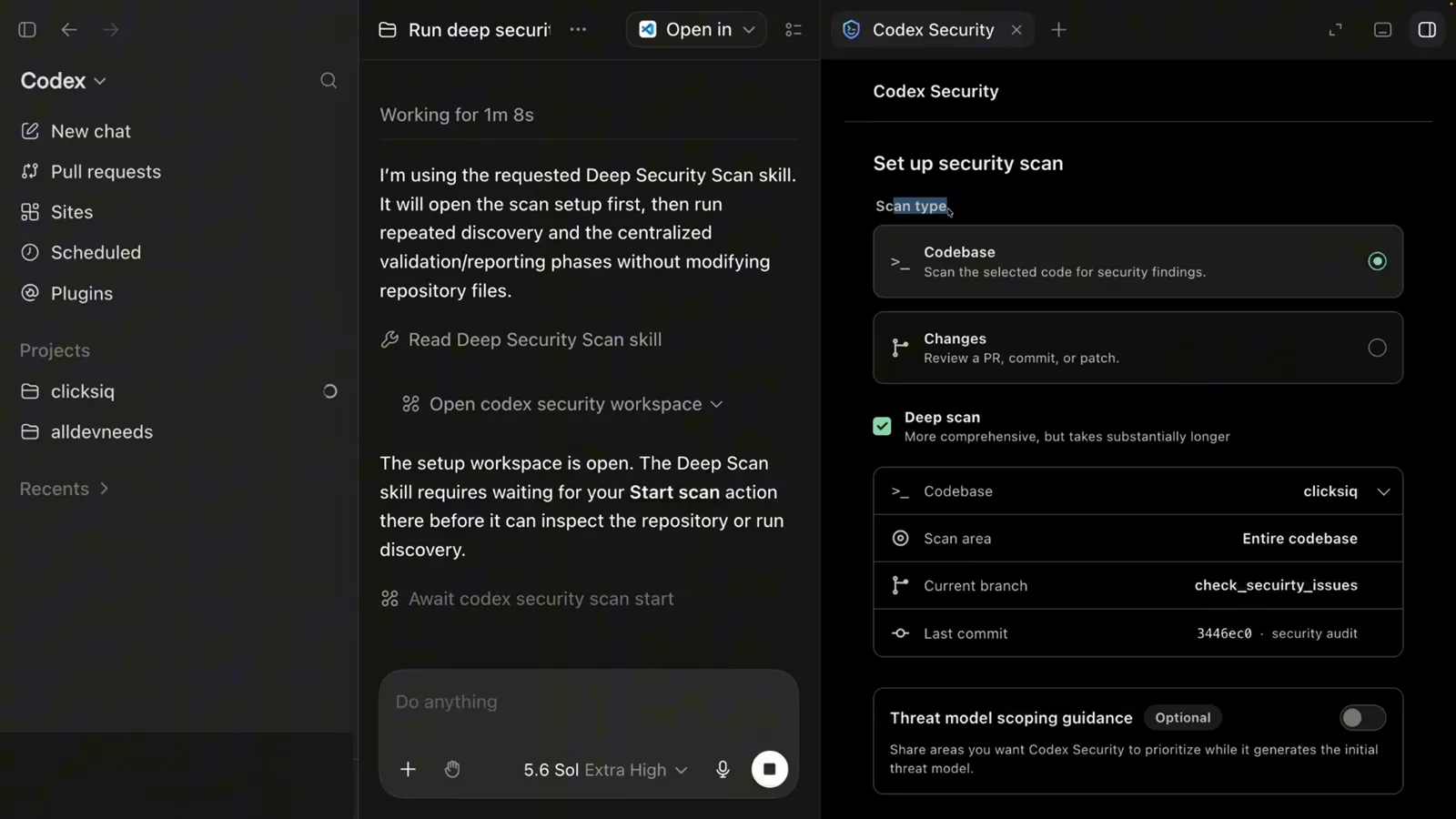 Codex Security Set up security scan side panel with the Deep scan toggle enabled, Entire codebase scope and 5.6 Sol at Extra High effort while the skill waits for Start scan
