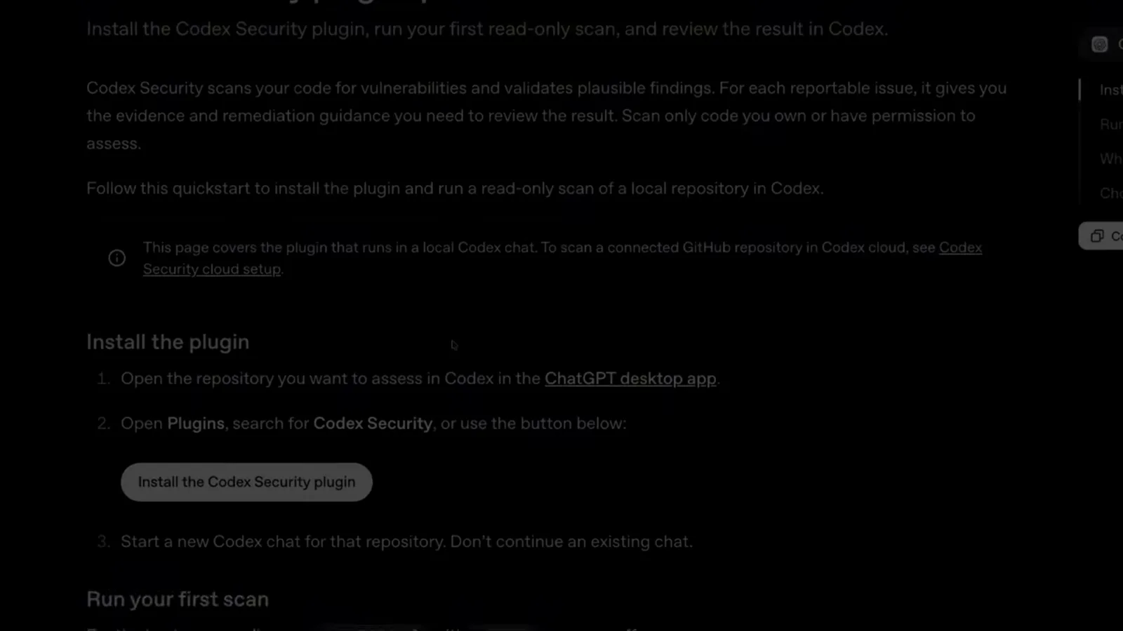 Codex Security plugin quickstart listing the three install steps in the ChatGPT desktop app and warning to start a new Codex chat instead of reusing an existing one