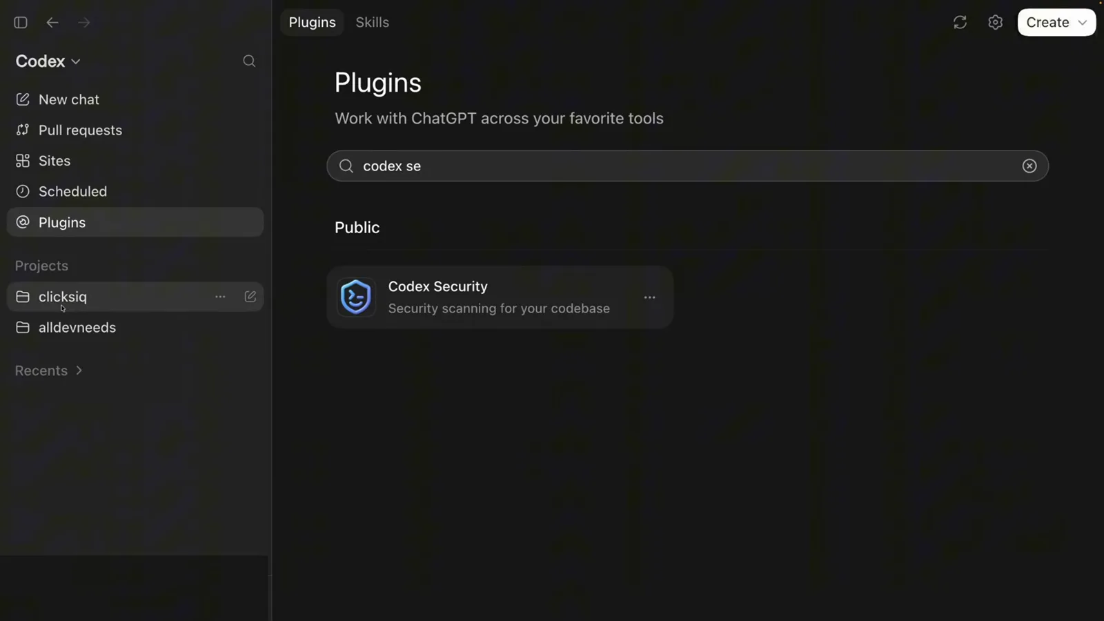 ChatGPT desktop app Plugins page with codex se typed in search and the public Codex Security plugin card showing Security scanning for your codebase