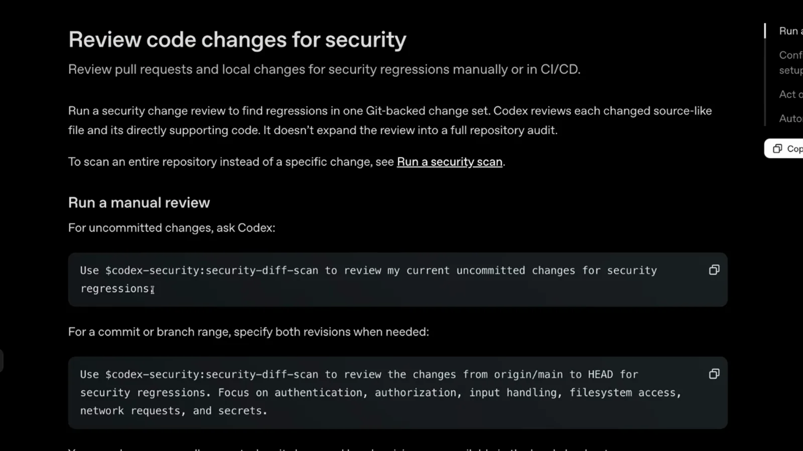 Review code changes for security docs with copy-paste prompts for $codex-security:security-diff-scan covering uncommitted changes and origin/main to HEAD ranges