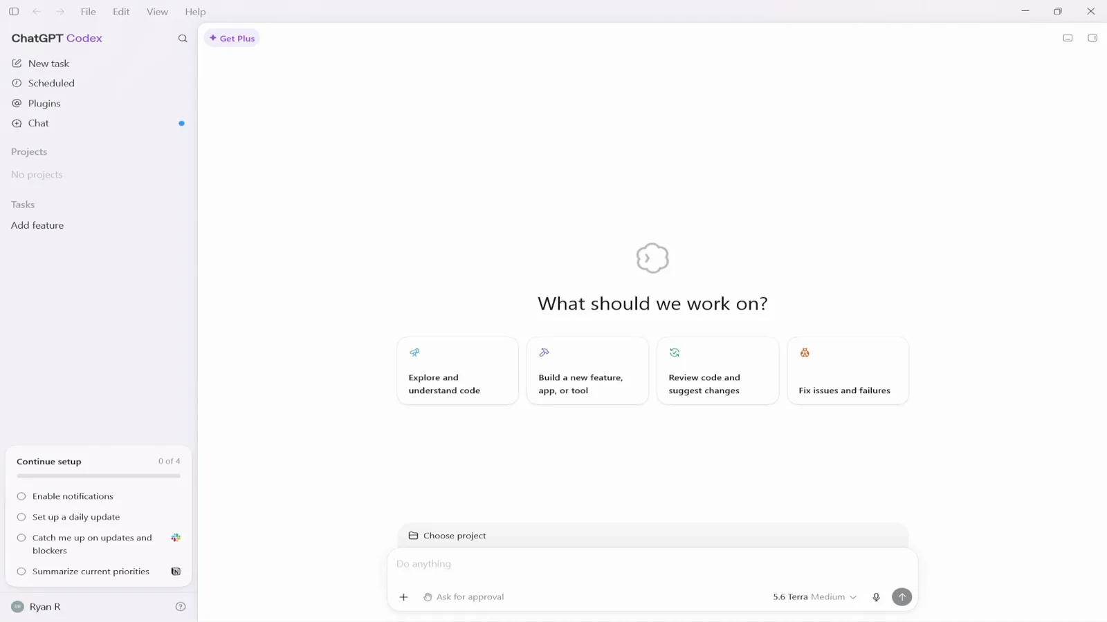 ChatGPT Codex desktop app on Windows stuck on the What should we work on? home screen with the Explore and understand code, Build a new feature, Review code and Fix issues cards and the Continue setup checklist ChatGPT Codex desktop app on Windows stuck on the What should we work on? home screen with the Explore and understand code, Build a new feature, Review code and Fix issues cards and the Continue setup checklist