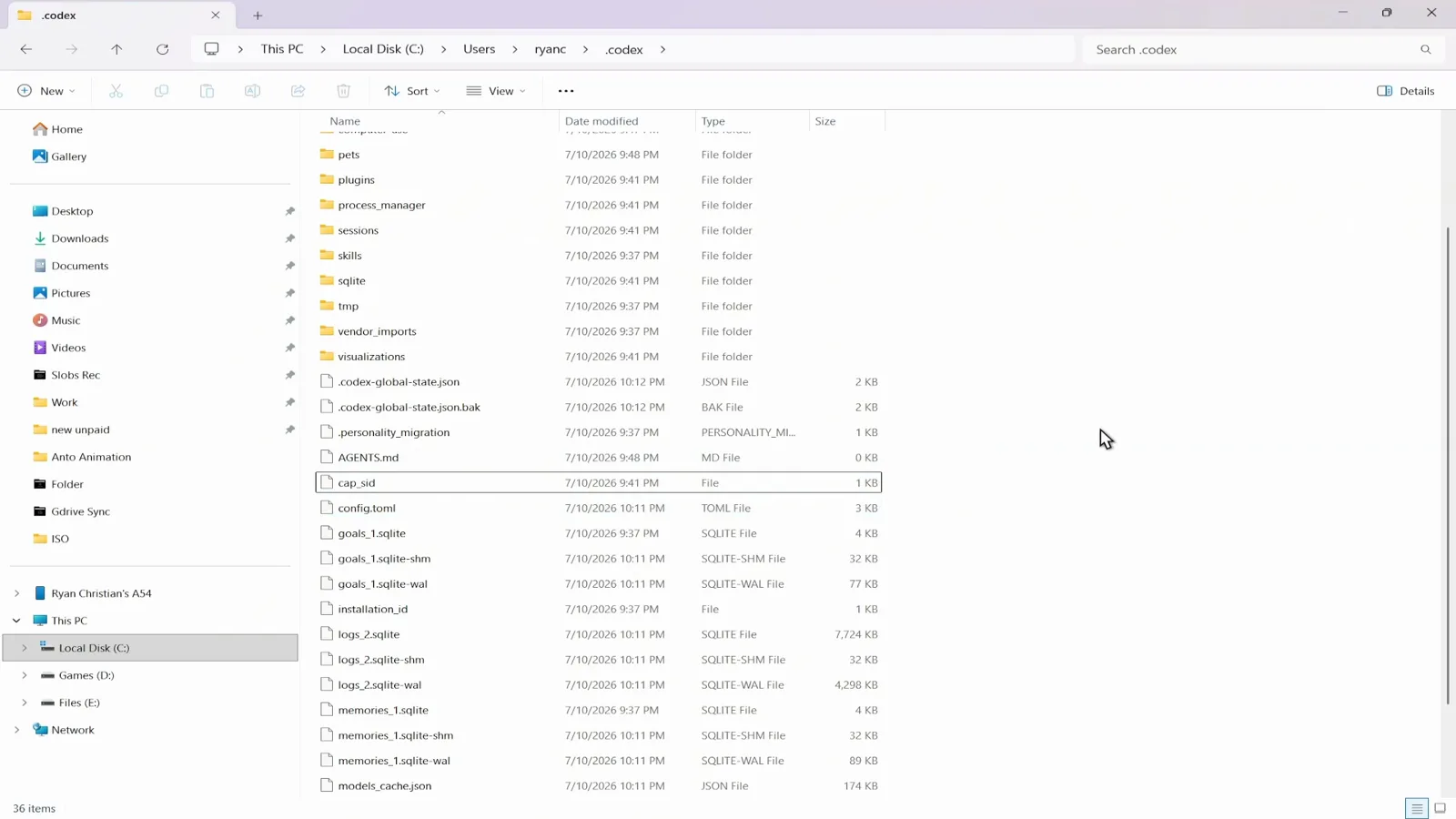 Codex .codex folder listing down to 36 items after auth.json was deleted, with cap_sid selected and config.toml still in place for the next launch Codex .codex folder listing down to 36 items after auth.json was deleted, with cap_sid selected and config.toml still in place for the next launch
