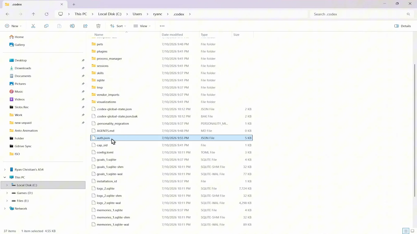 Codex .codex folder in File Explorer with the auth.json credential file selected, reading 1 item selected 4.55 KB in the status bar, right before deleting it to reset a stuck login Codex .codex folder in File Explorer with the auth.json credential file selected, reading 1 item selected 4.55 KB in the status bar, right before deleting it to reset a stuck login