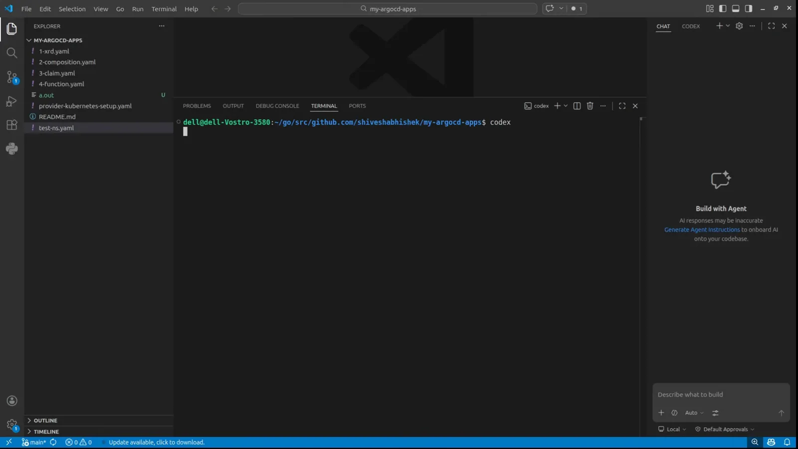 VS Code integrated terminal on Ubuntu showing the codex launch command typed at a bash prompt in the my-argocd-apps project just before the OpenAI Codex banner appears VS Code integrated terminal on Ubuntu showing the codex launch command typed at a bash prompt in the my-argocd-apps project just before the OpenAI Codex banner appears