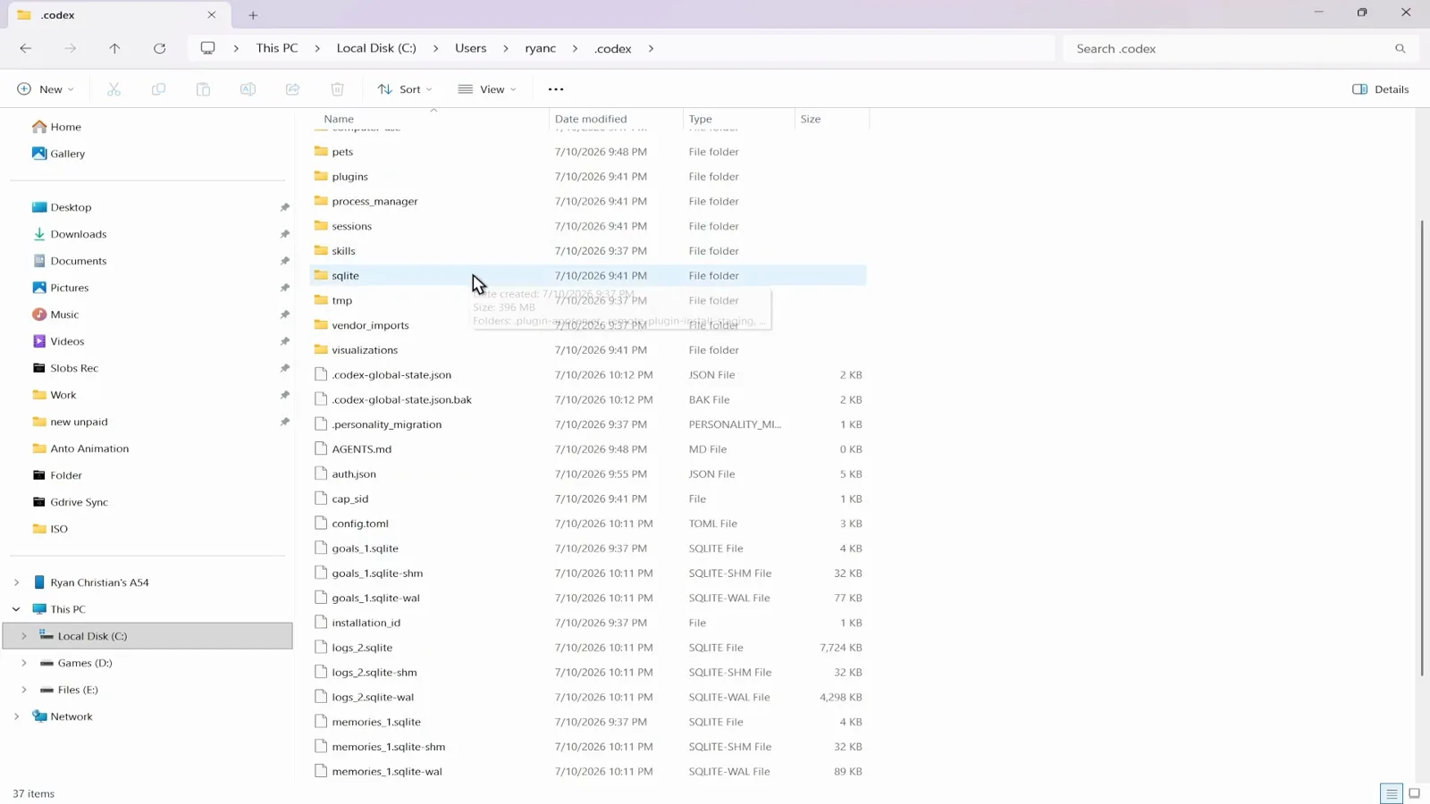 File Explorer inside C:\Users\ryanc\.codex showing auth.json, config.toml, AGENTS.md, the sessions folder and the sqlite logs that make up the Codex CLI home directory File Explorer inside C:\Users\ryanc\.codex showing auth.json, config.toml, AGENTS.md, the sessions folder and the sqlite logs that make up the Codex CLI home directory