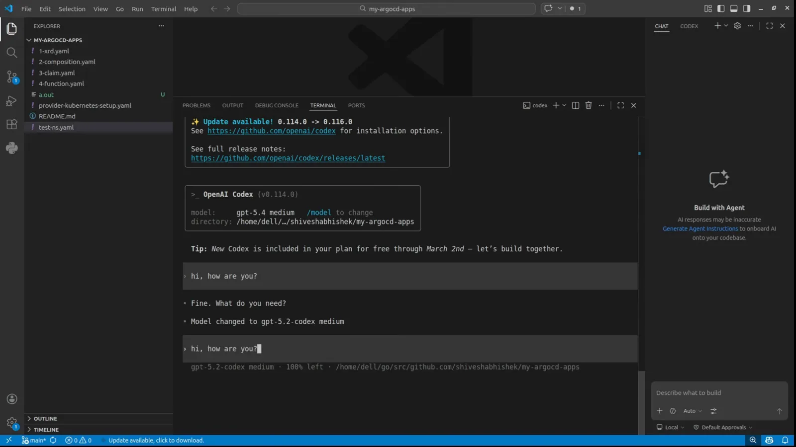 Codex TUI confirming Model changed to gpt-5.2-codex medium with the gpt-5.2-codex medium 100% left status line after switching away from a failing model Codex TUI confirming Model changed to gpt-5.2-codex medium with the gpt-5.2-codex medium 100% left status line after switching away from a failing model