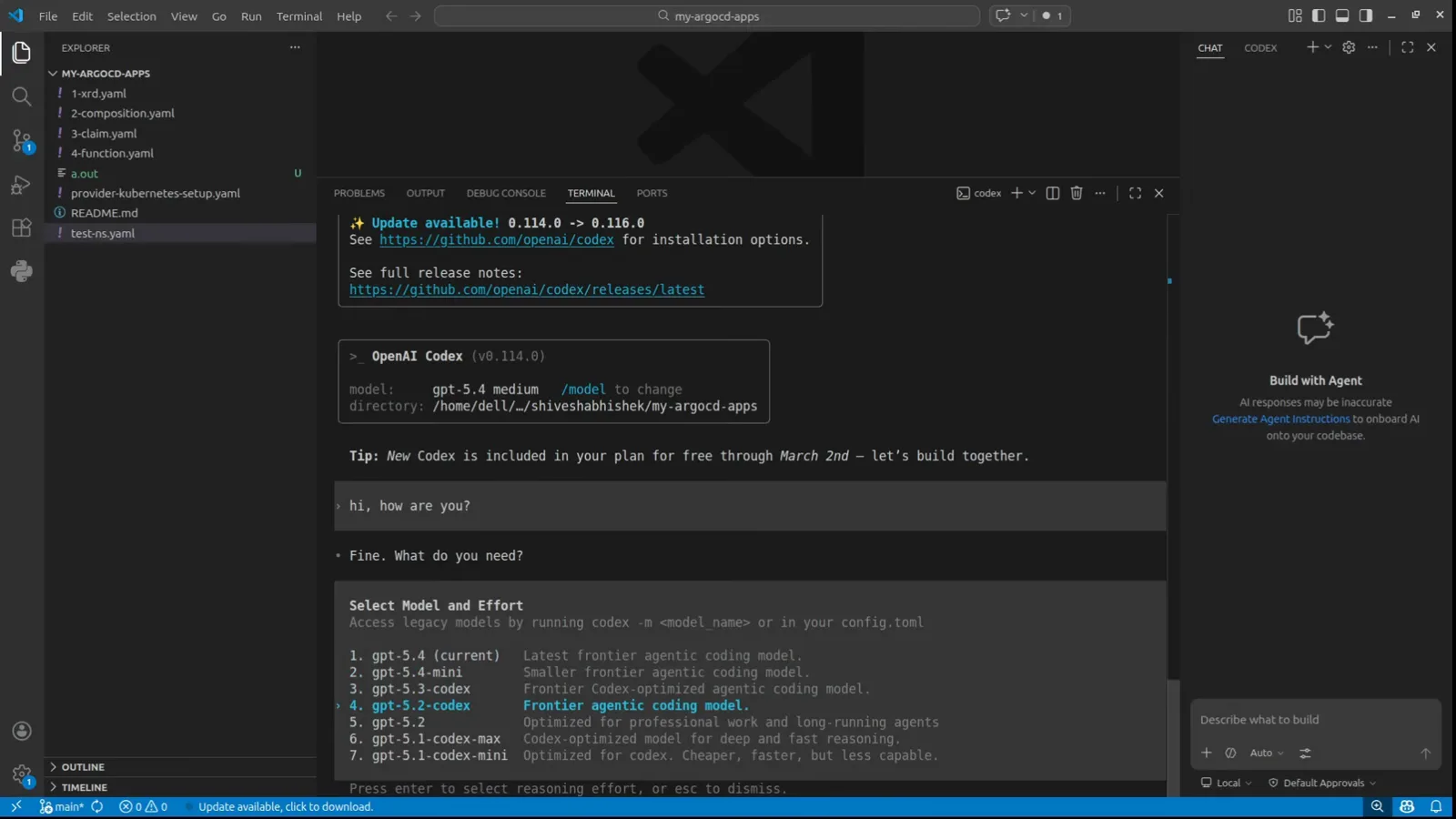 OpenAI Codex v0.114.0 /model picker inside the VS Code terminal listing gpt-5.4, gpt-5.4-mini, gpt-5.3-codex, gpt-5.2-codex and gpt-5.1-codex variants with Press enter to select reasoning effort OpenAI Codex v0.114.0 /model picker inside the VS Code terminal listing gpt-5.4, gpt-5.4-mini, gpt-5.3-codex, gpt-5.2-codex and gpt-5.1-codex variants with Press enter to select reasoning effort