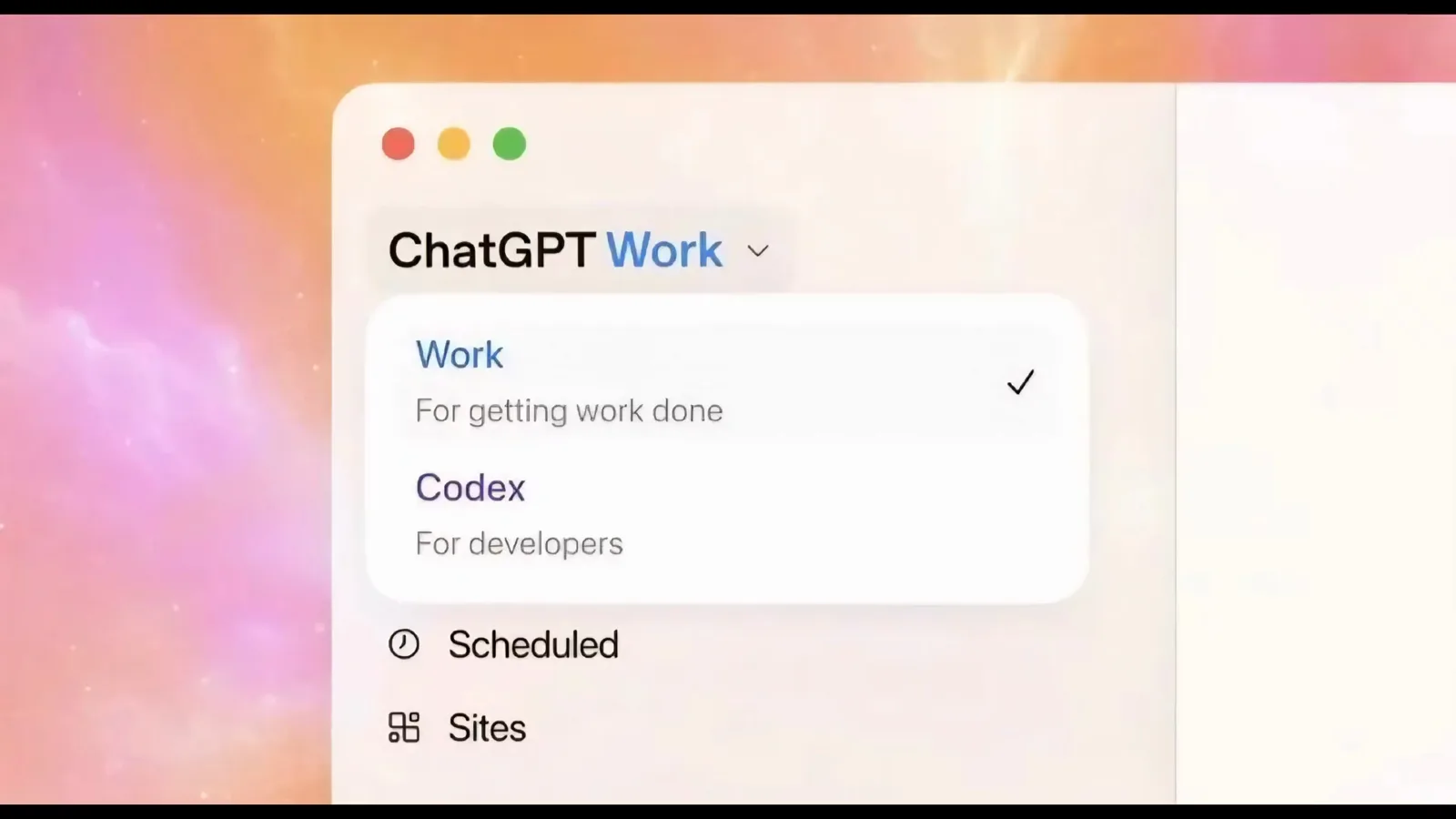 ChatGPT desktop app workspace menu open on macOS with Work ticked as For getting work done and the Codex entry labelled For developers listed underneath, the switch you make before any voice control appears for Codex