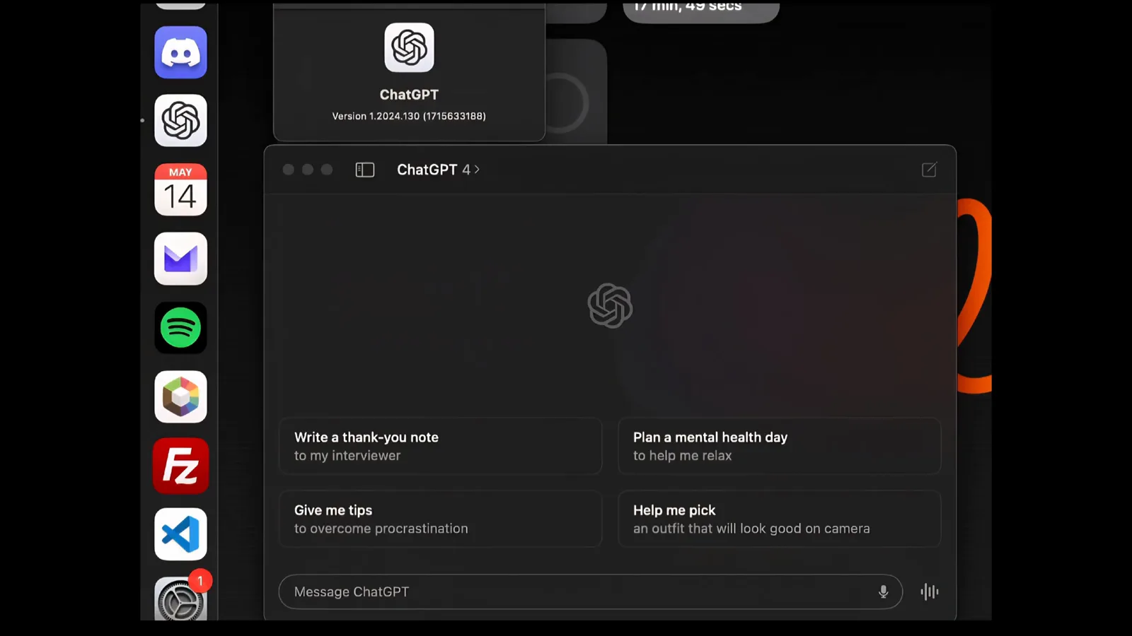 ChatGPT desktop app info card reading Version 1.2024.130 above the Message ChatGPT composer with its microphone icon and voice input button, the build you need before Codex voice mode appears