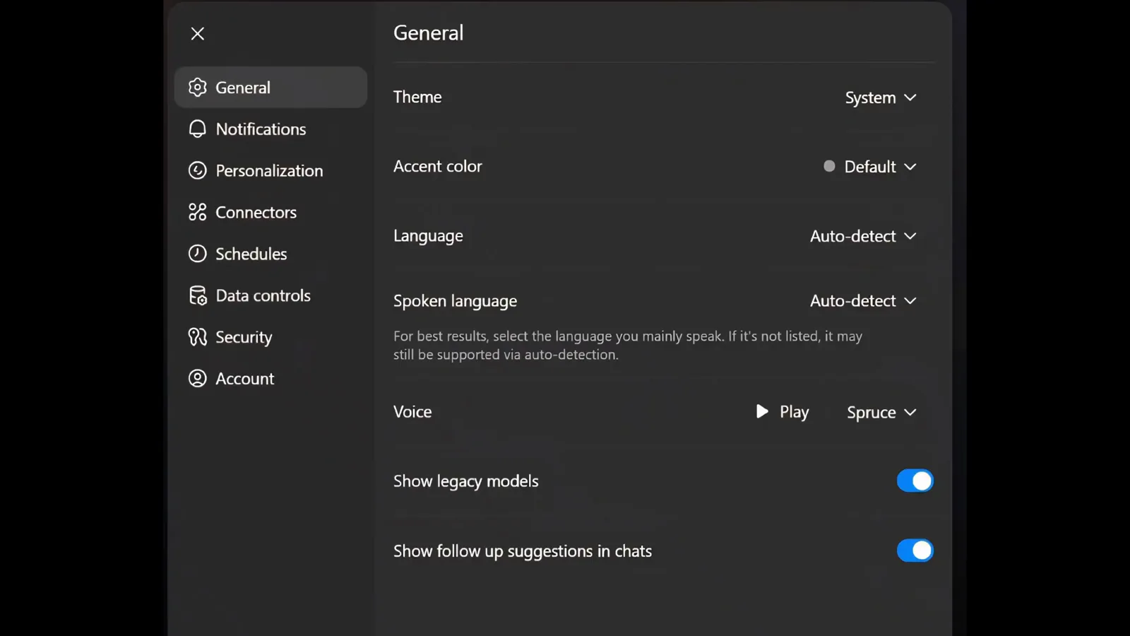 ChatGPT desktop app Settings General pane with the Voice row offering a Play control and the Spruce voice alongside a Spoken language set to Auto-detect, where you choose how Codex voice mode answers and which language it listens for