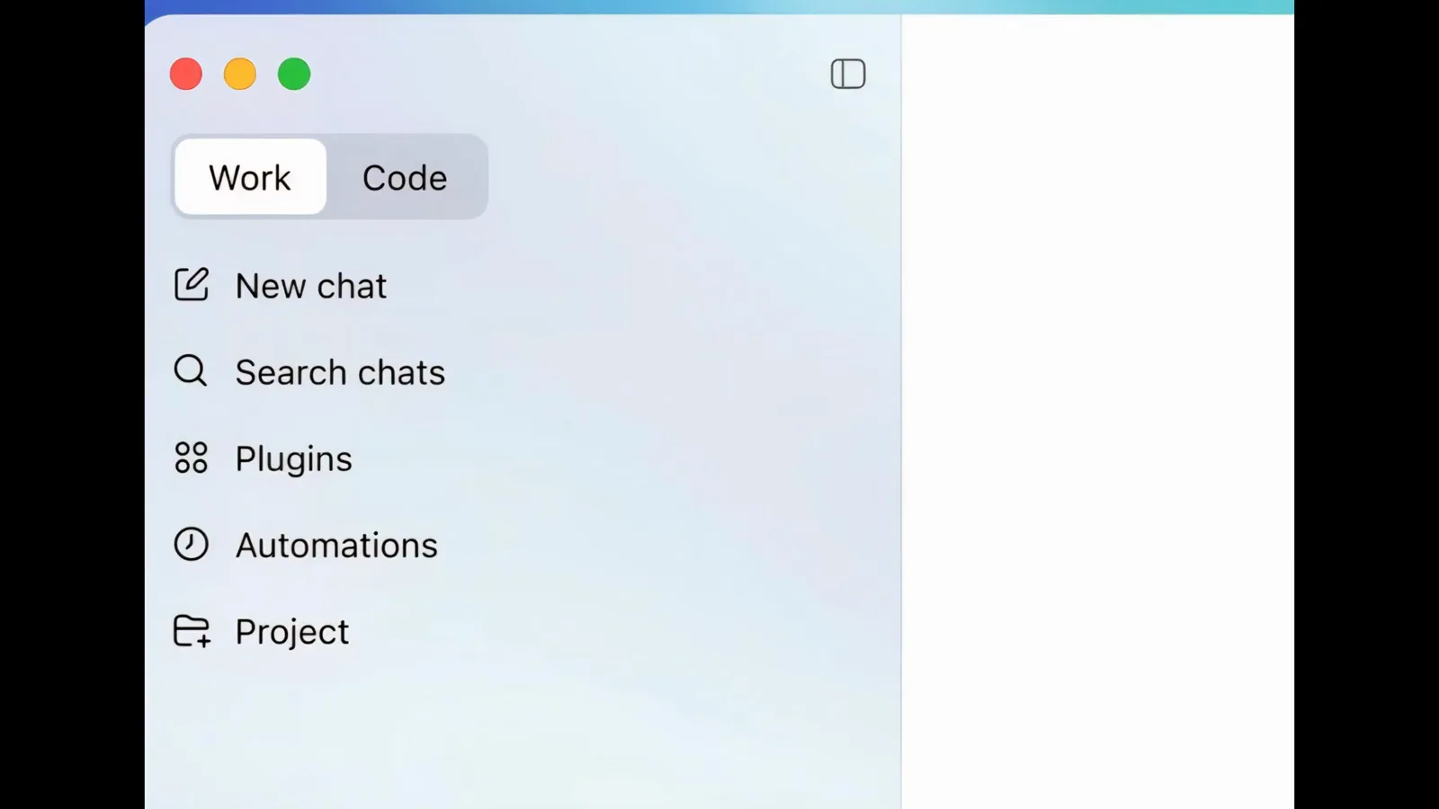ChatGPT desktop sidebar with the Work and Code segmented toggle resting on Work above New chat, Search chats, Plugins, Automations and Project, which is why a working voice button in chat can still be absent in Codex