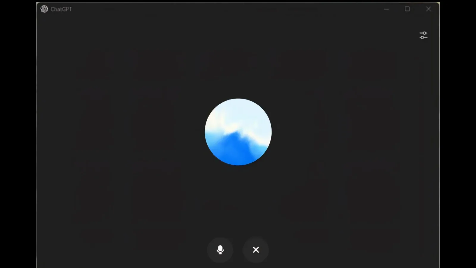 ChatGPT full-screen voice session with a blue glowing orb and a microphone mute button beside a hang-up button underneath it, the real-time mode that answers out loud instead of only transcribing