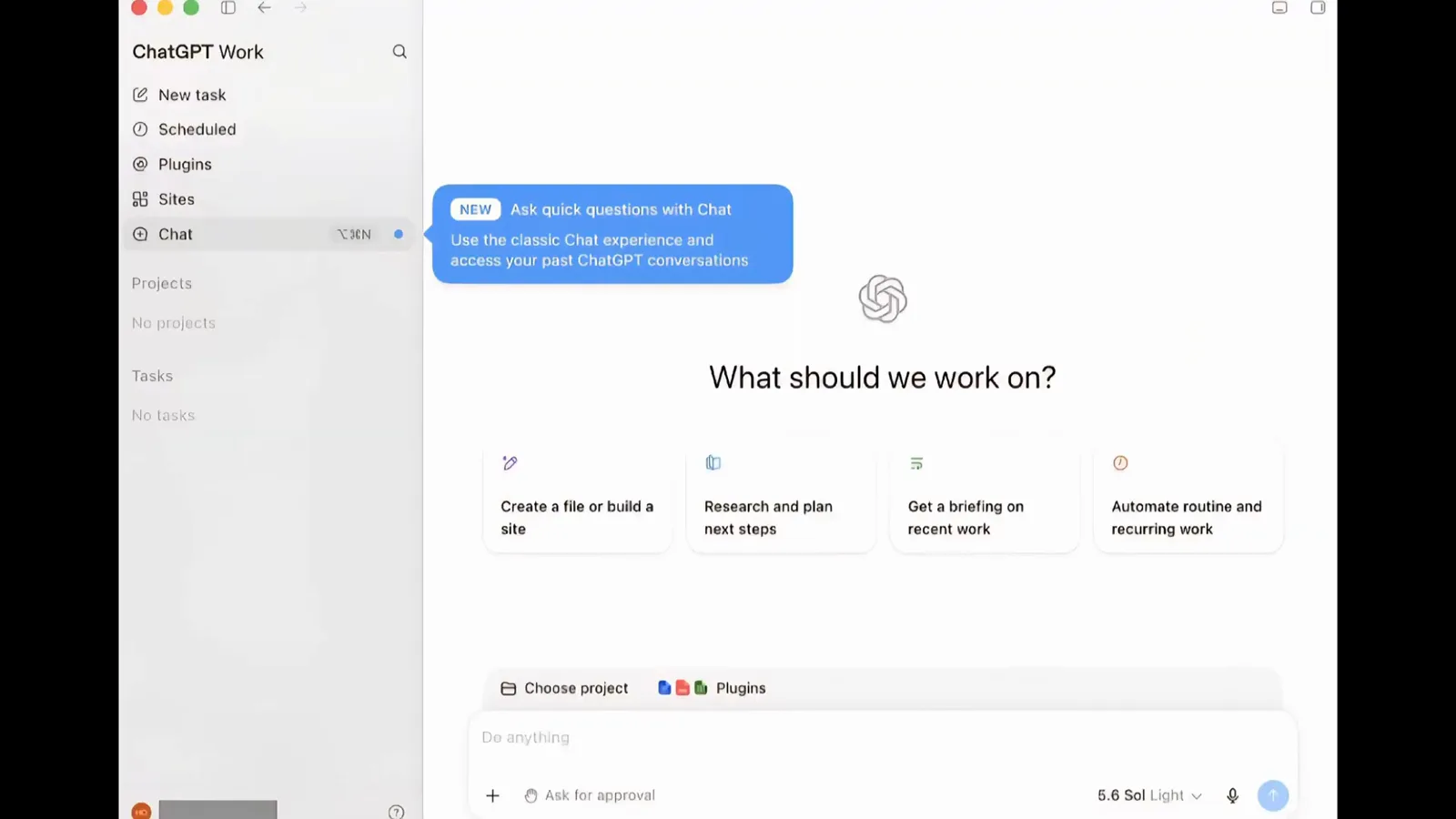 ChatGPT Work home screen carrying a blue tooltip that voice stays disabled until the app is allowed to use your microphone, above starter task cards and the Choose project and Plugins controls