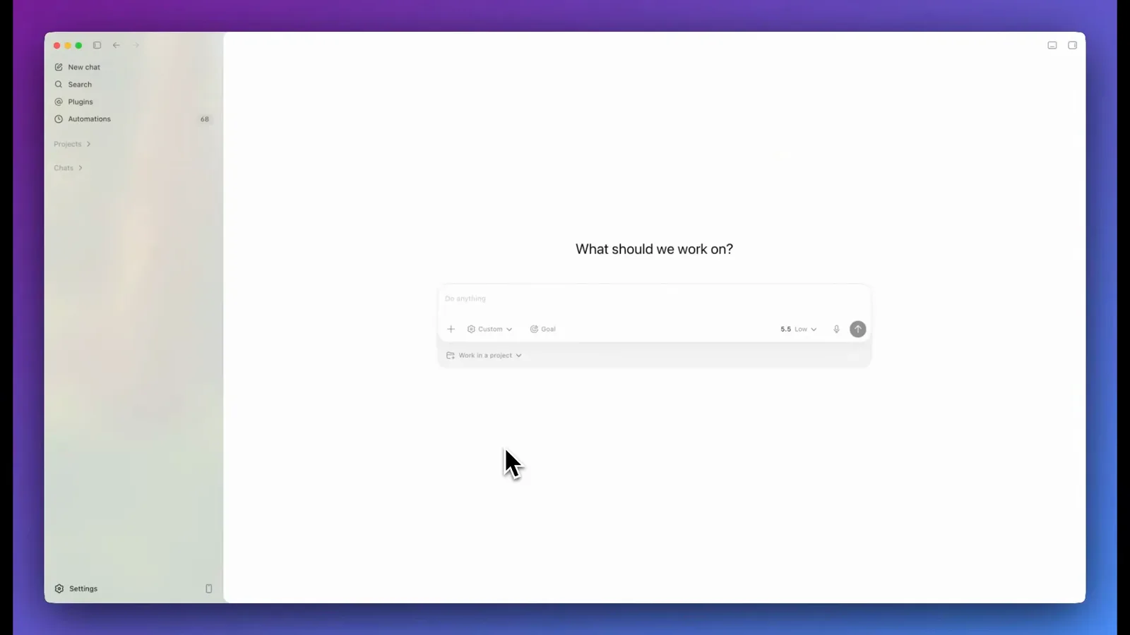 Codex desktop app home screen asking What should we work on? with an empty Do anything composer, a project picker underneath and the microphone button at the right before any dictation starts