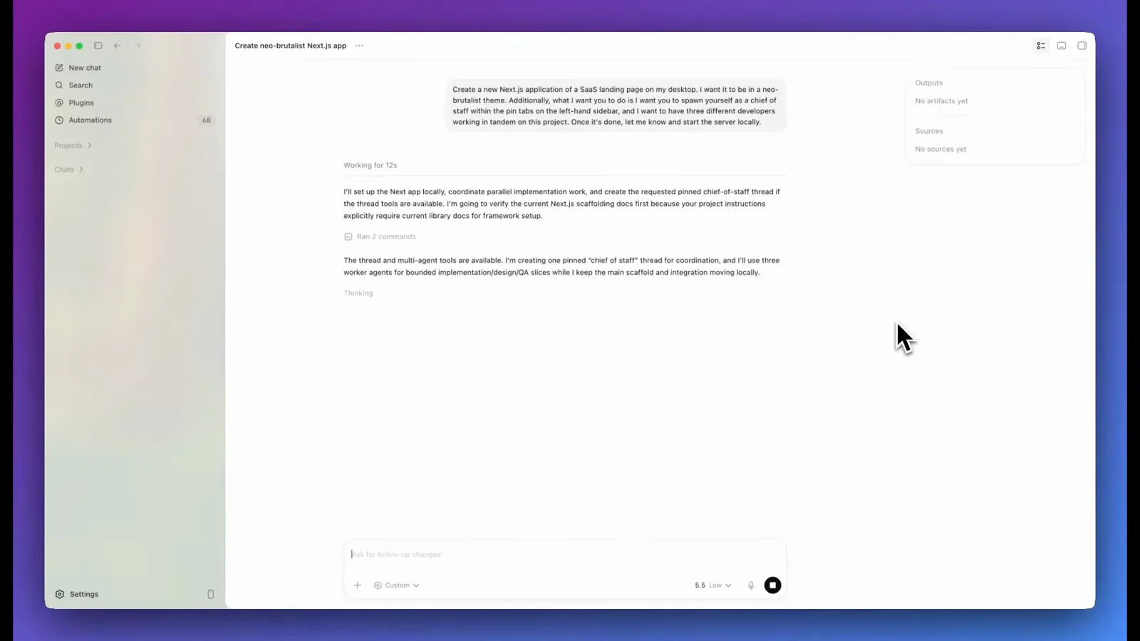 Codex desktop thread showing a dictated brief for a neo-brutalist Next.js SaaS landing page with three parallel developer agents, proof the transcribed speech was accepted as an ordinary prompt