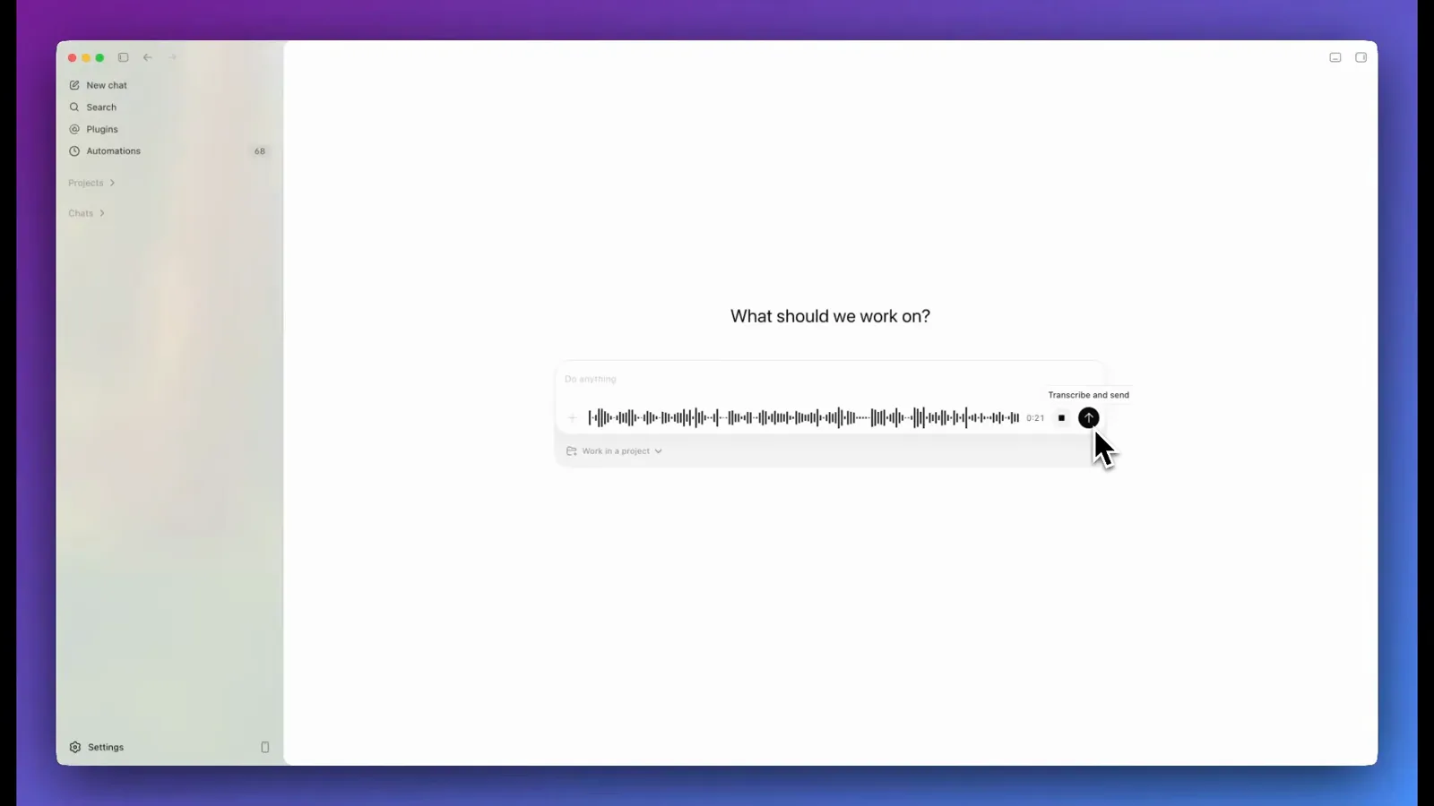 Codex desktop app dictation running to 0:21 with the tooltip Transcribe and send over the send button, the control that turns spoken instructions into a Codex prompt