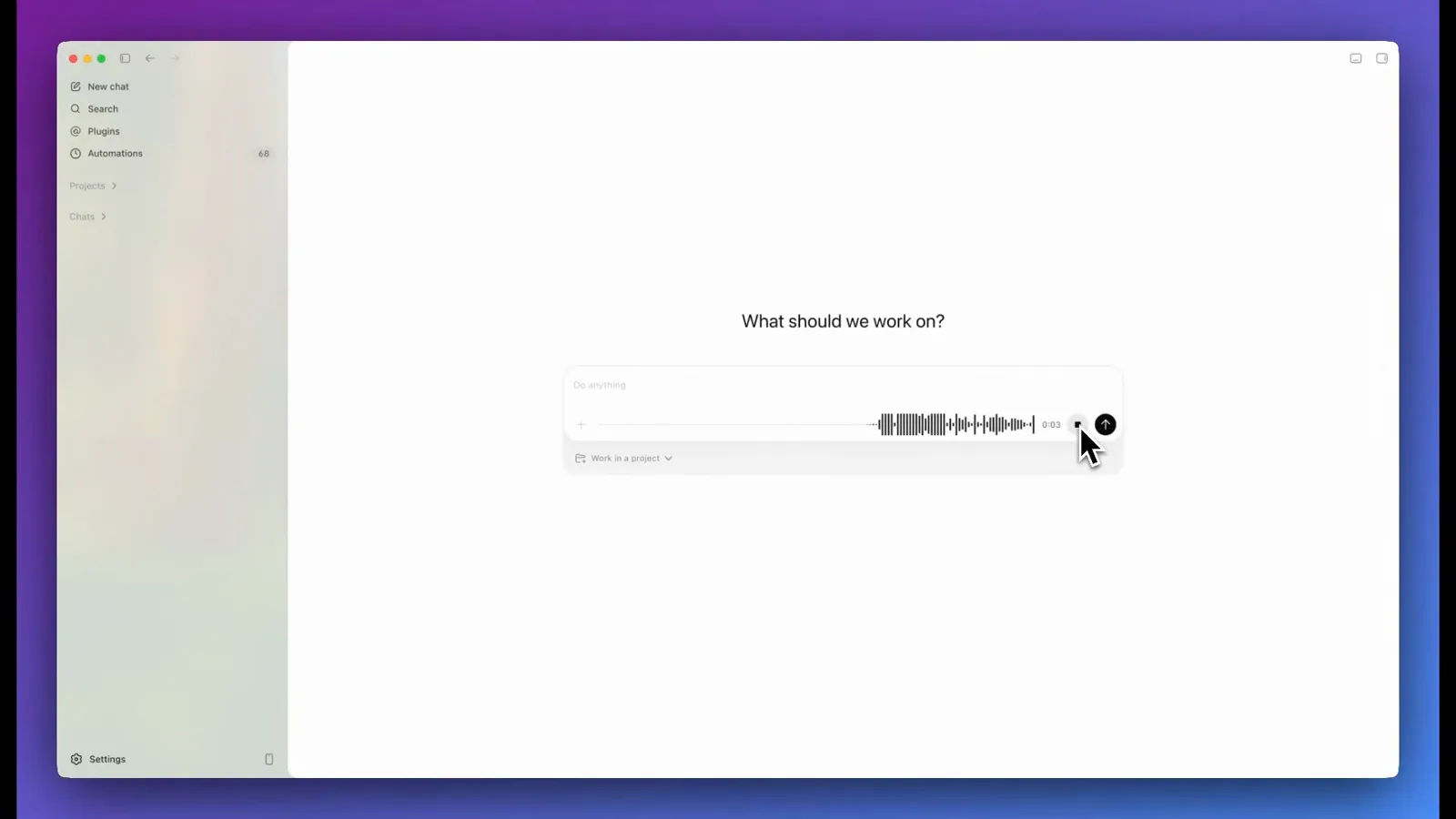 Codex desktop app composer recording voice with a live black waveform, a 0:03 elapsed timer and a stop square, showing dictation replacing typing a prompt