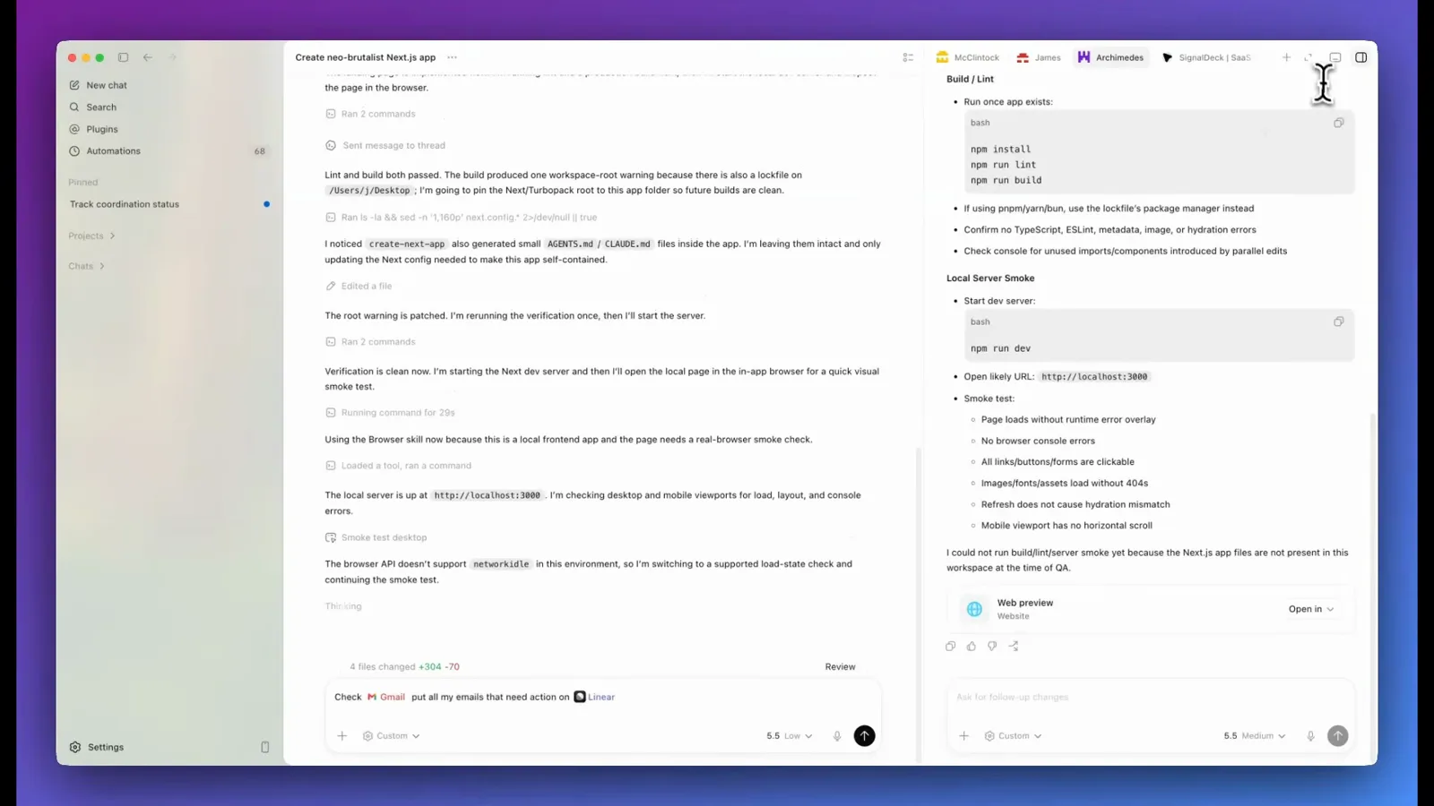 Codex desktop app in-app browser preview running a generated localhost landing page beside the agent thread, the result a dictated or spoken brief can produce without touching the keyboard