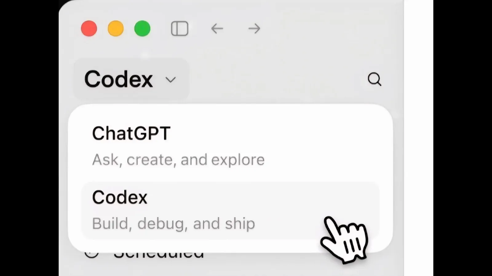 ChatGPT desktop app workspace menu open on macOS showing the Codex entry labelled Build, debug, and ship directly beneath ChatGPT, the workspace where Codex voice input actually runs