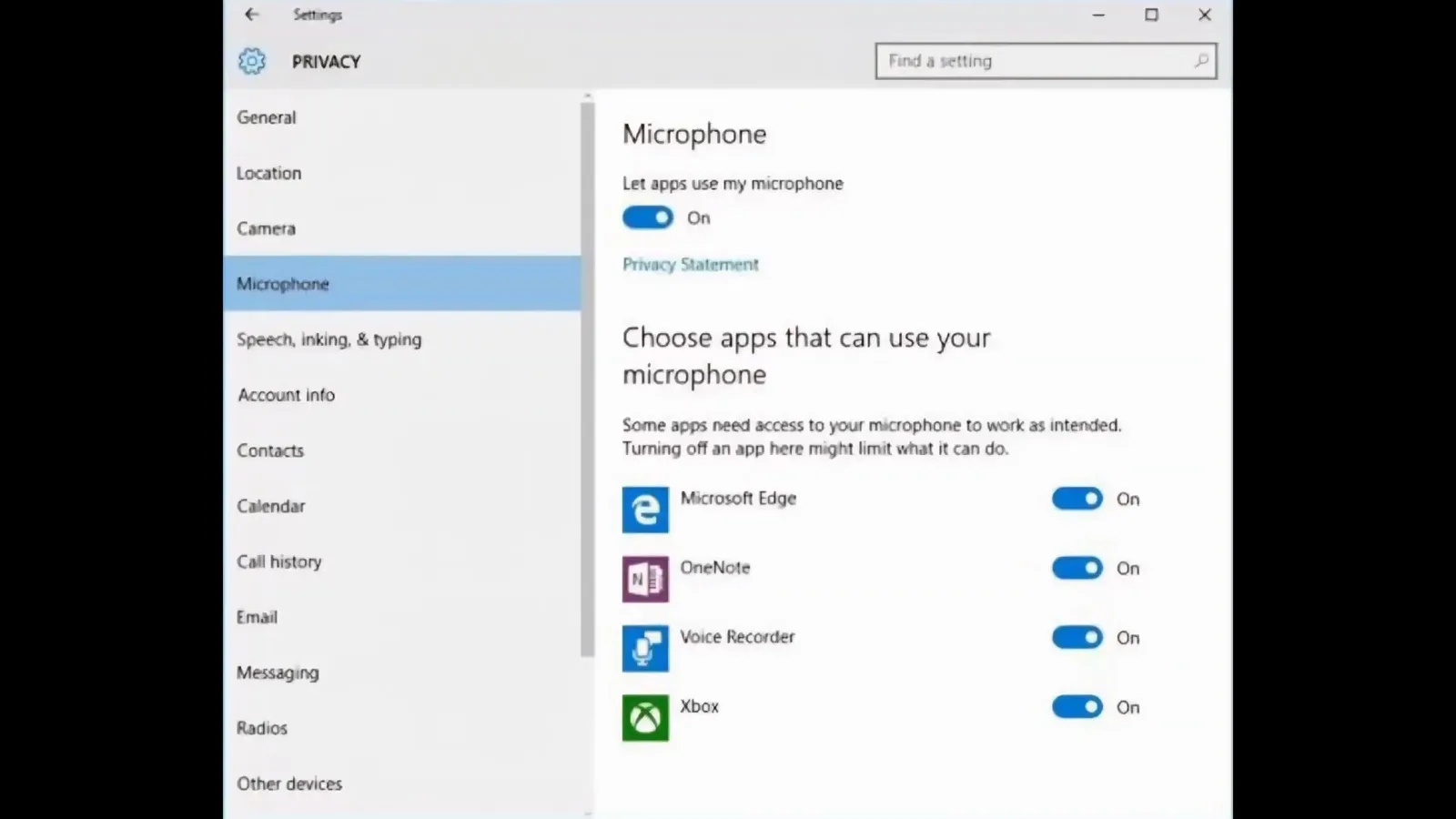 Windows Settings Privacy Microphone page with Let apps use my microphone turned On and per-app switches for Microsoft Edge, OneNote, Voice Recorder and Xbox, the equivalent Codex voice mode fix on Windows