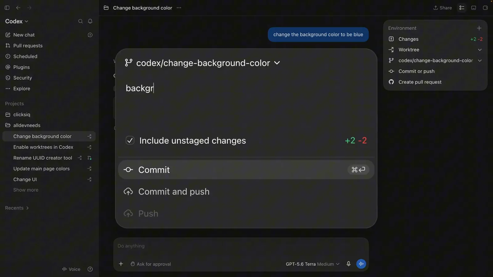 Codex commit sheet on the codex/change-background-color branch with Include unstaged changes checked and Commit, Commit and push and Push options Codex commit sheet on the codex/change-background-color branch with Include unstaged changes checked and Commit, Commit and push and Push options