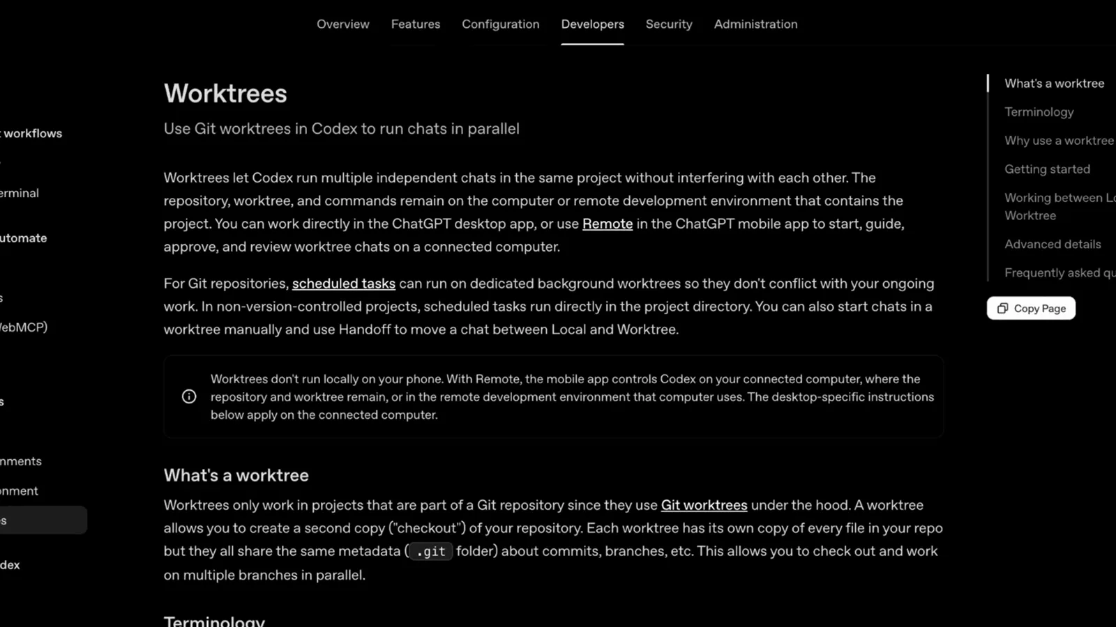 Official OpenAI Worktrees documentation page describing how Codex uses Git worktrees to run multiple chats in parallel with terminology and getting started sections Official OpenAI Worktrees documentation page describing how Codex uses Git worktrees to run multiple chats in parallel with terminology and getting started sections