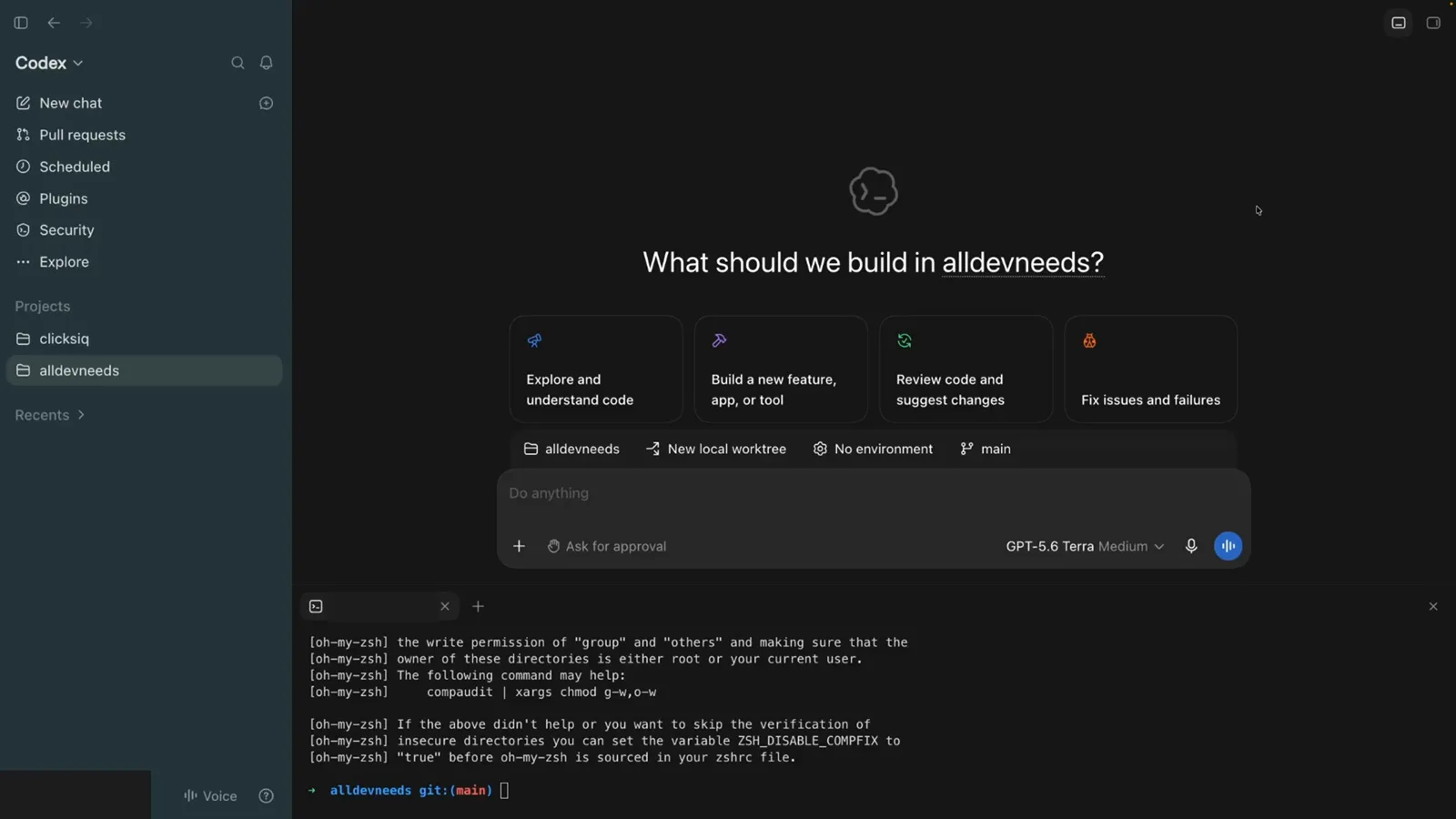 Codex app home screen with a terminal panel open under the composer showing alldevneeds, New local worktree, No environment and main chips after enabling the worktrees feature Codex app home screen with a terminal panel open under the composer showing alldevneeds, New local worktree, No environment and main chips after enabling the worktrees feature
