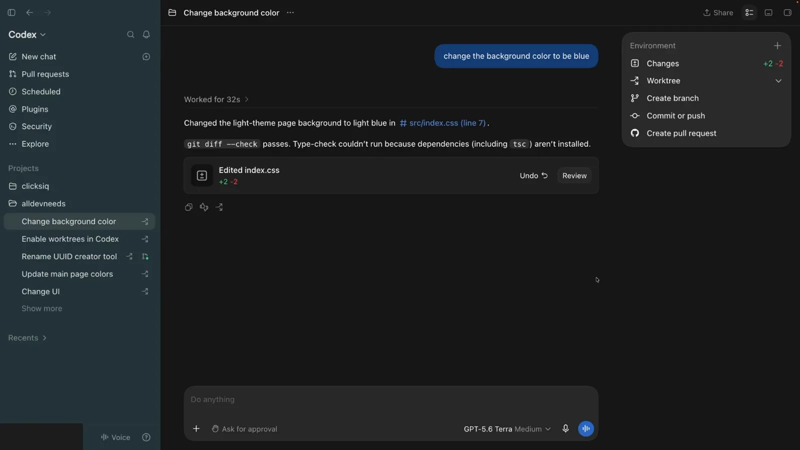 Codex thread Environment menu open showing Changes plus 2 minus 2, Worktree, Create branch, Commit or push and Create pull request actions Codex thread Environment menu open showing Changes plus 2 minus 2, Worktree, Create branch, Commit or push and Create pull request actions