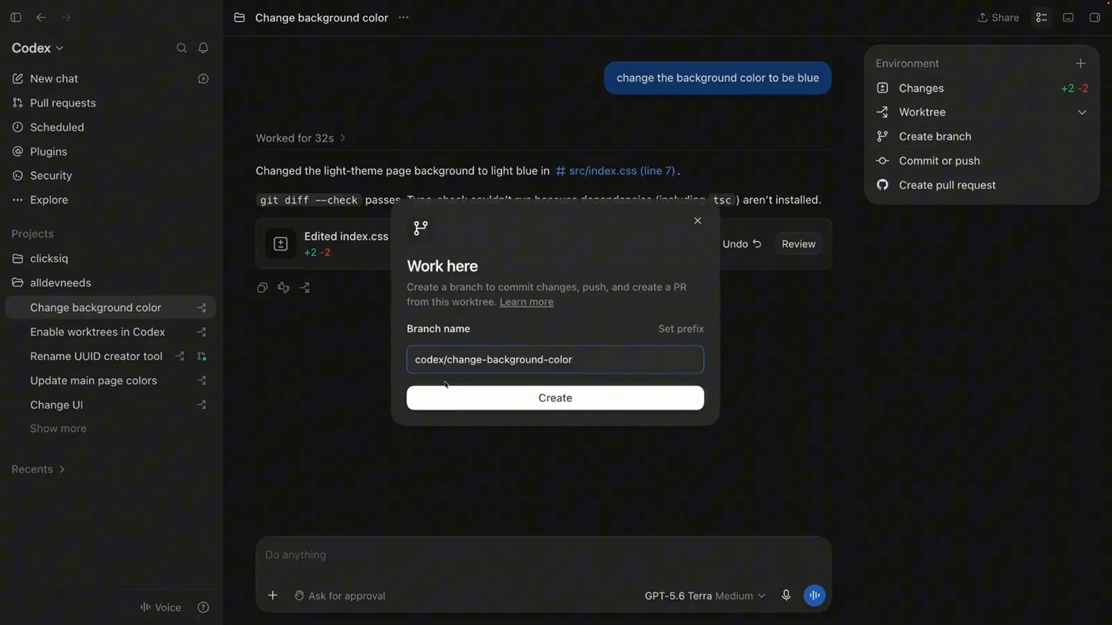 Codex Work here dialog with the prefilled codex/change-background-color branch name, Set prefix link and Create button for turning a worktree into a branch Codex Work here dialog with the prefilled codex/change-background-color branch name, Set prefix link and Create button for turning a worktree into a branch